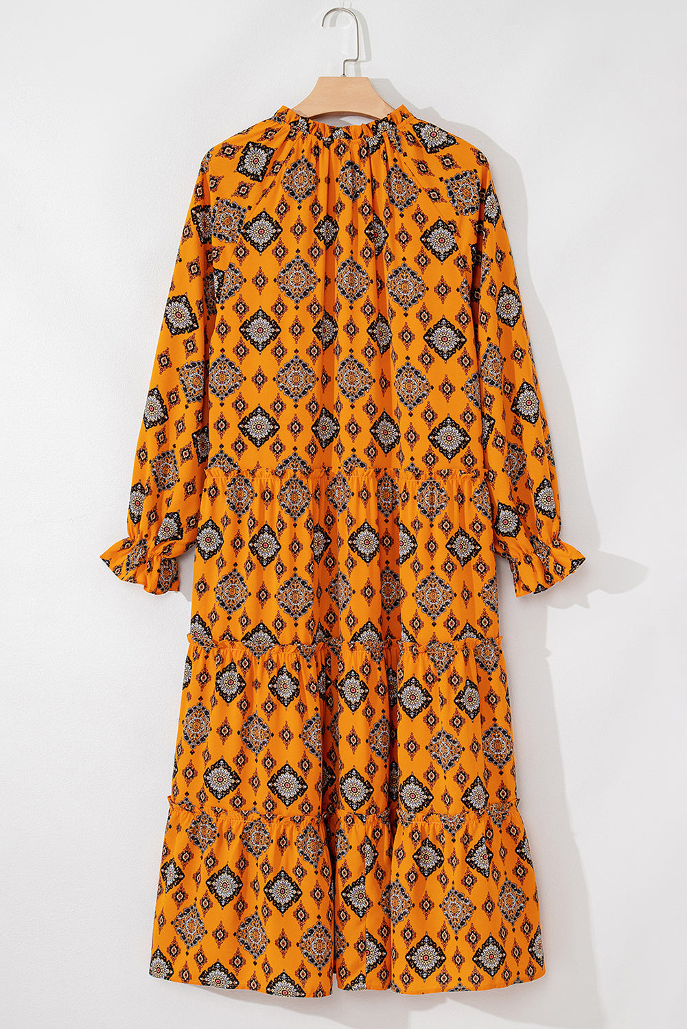 Blue Zone Planet | Orange Western Geometric Print Tiered Frilled Loose Fit Midi Dress-TOPS / DRESSES-[Adult]-[Female]-2022 Online Blue Zone Planet