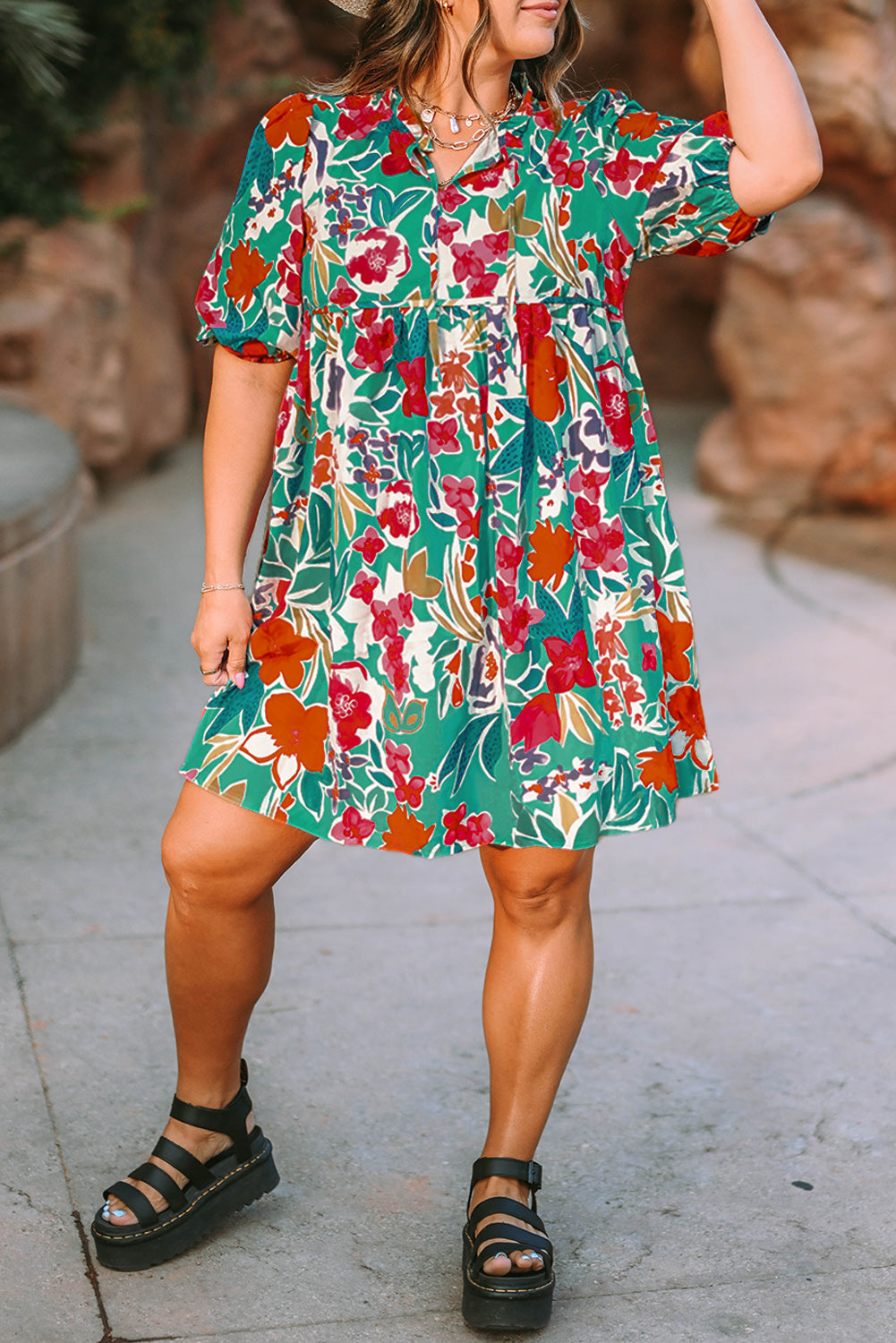 Blue Zone Planet | Sky Blue Plus Size Floral Print Puff Sleeve Tie Neck Babydoll Dress-TOPS / DRESSES-[Adult]-[Female]-2022 Online Blue Zone Planet