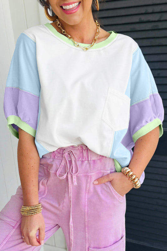 White Color Block Patchwork Half Sleeve Oversized T Shirt-Tops/Tops & Tees-[Adult]-[Female]-White-S-2022 Online Blue Zone Planet