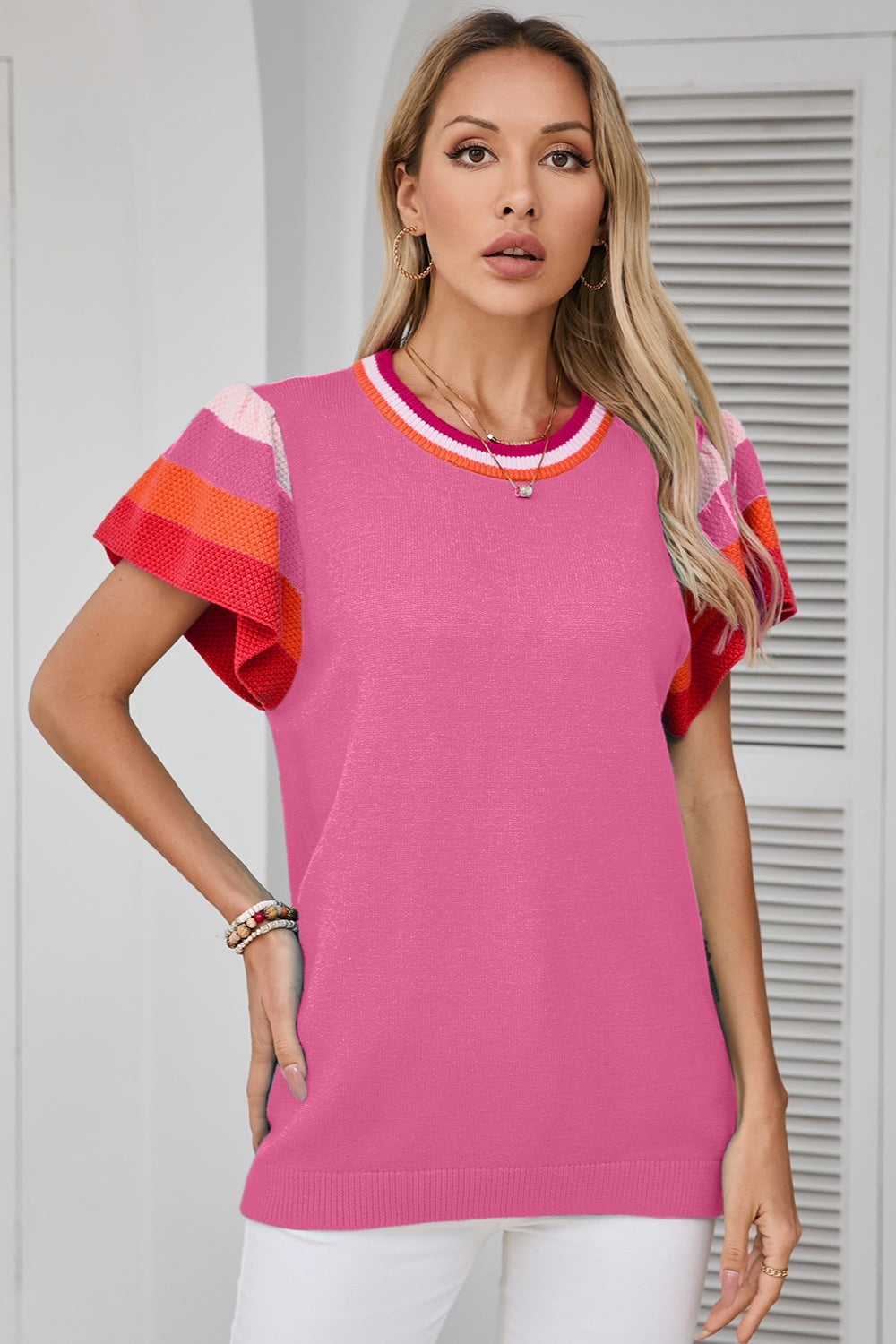 Color Block Round Neck Knit Top-TOPS / DRESSES-[Adult]-[Female]-Pink-S-2022 Online Blue Zone Planet