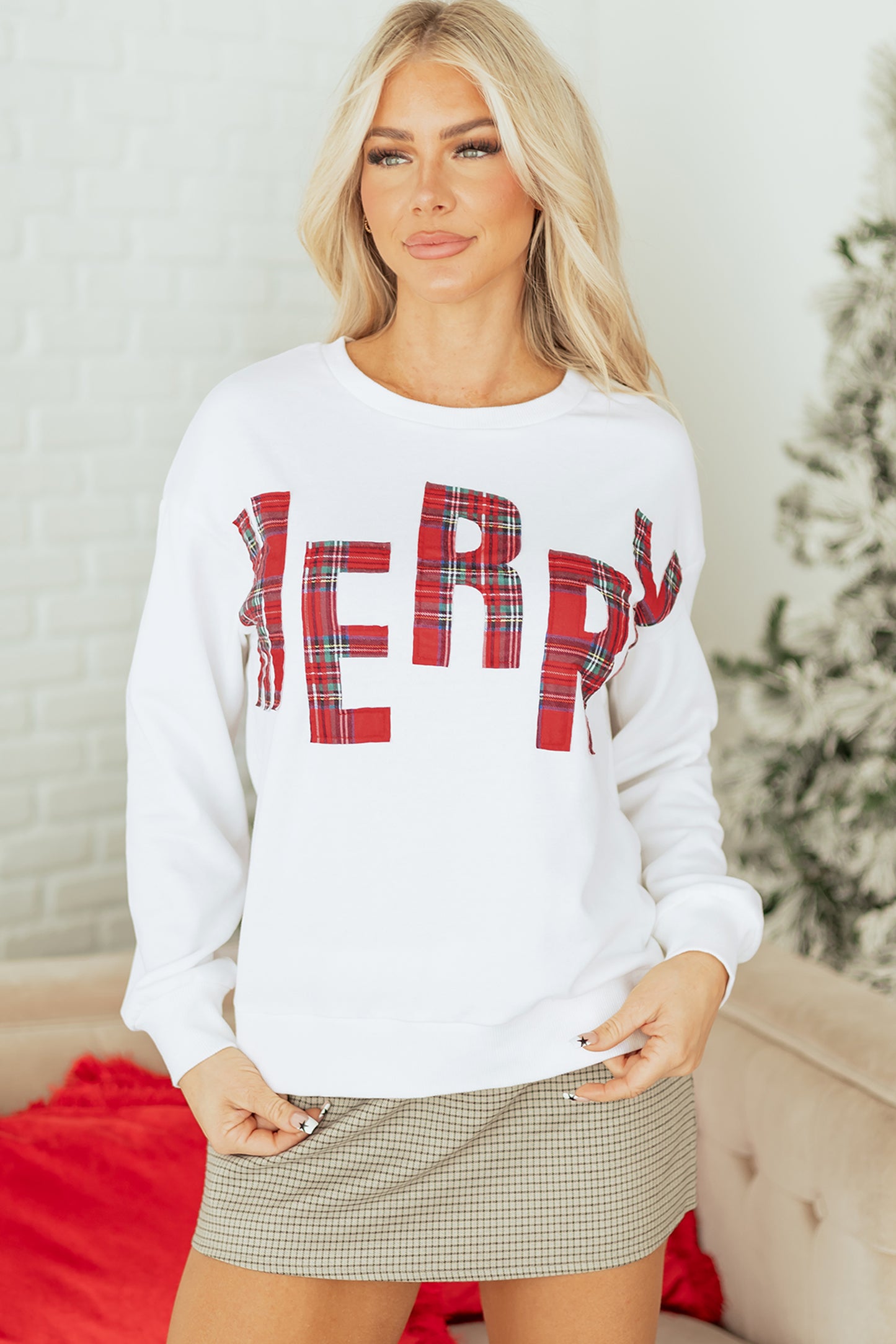 White Plaid MERRY Christmas Vacation Sweatshirt-Tops/Sweatshirts & Hoodies-[Adult]-[Female]-2022 Online Blue Zone Planet