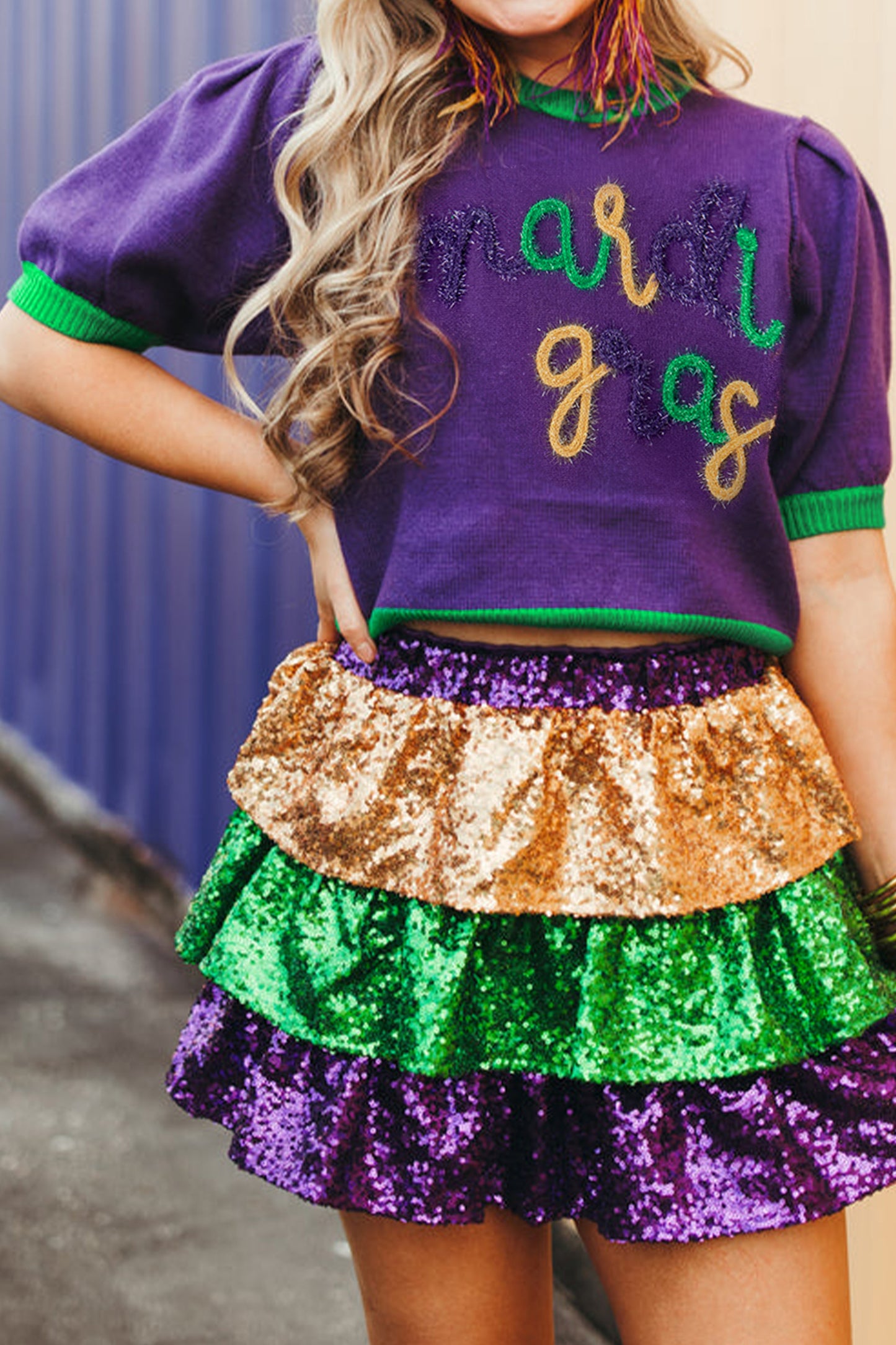 Tillandsia Purple Mardi Gras Tinsel Graphic Short Sleeve Sweater-TOPS / DRESSES-[Adult]-[Female]-2022 Online Blue Zone Planet