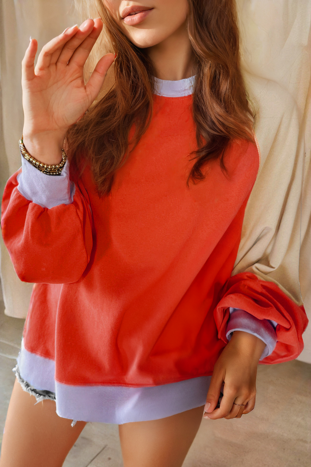 Orange Color Block Side Slits Raglan Sleeve Loose Fit Top-Tops/Long Sleeve Tops-[Adult]-[Female]-Orange-S-2022 Online Blue Zone Planet