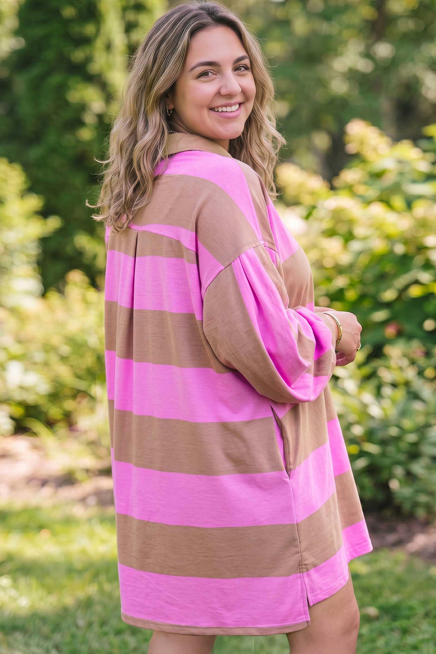 Rose Stripe Striped Colorblock Long Sleeve V Neck Shift Plus Size Dress-TOPS / DRESSES-[Adult]-[Female]-2022 Online Blue Zone Planet