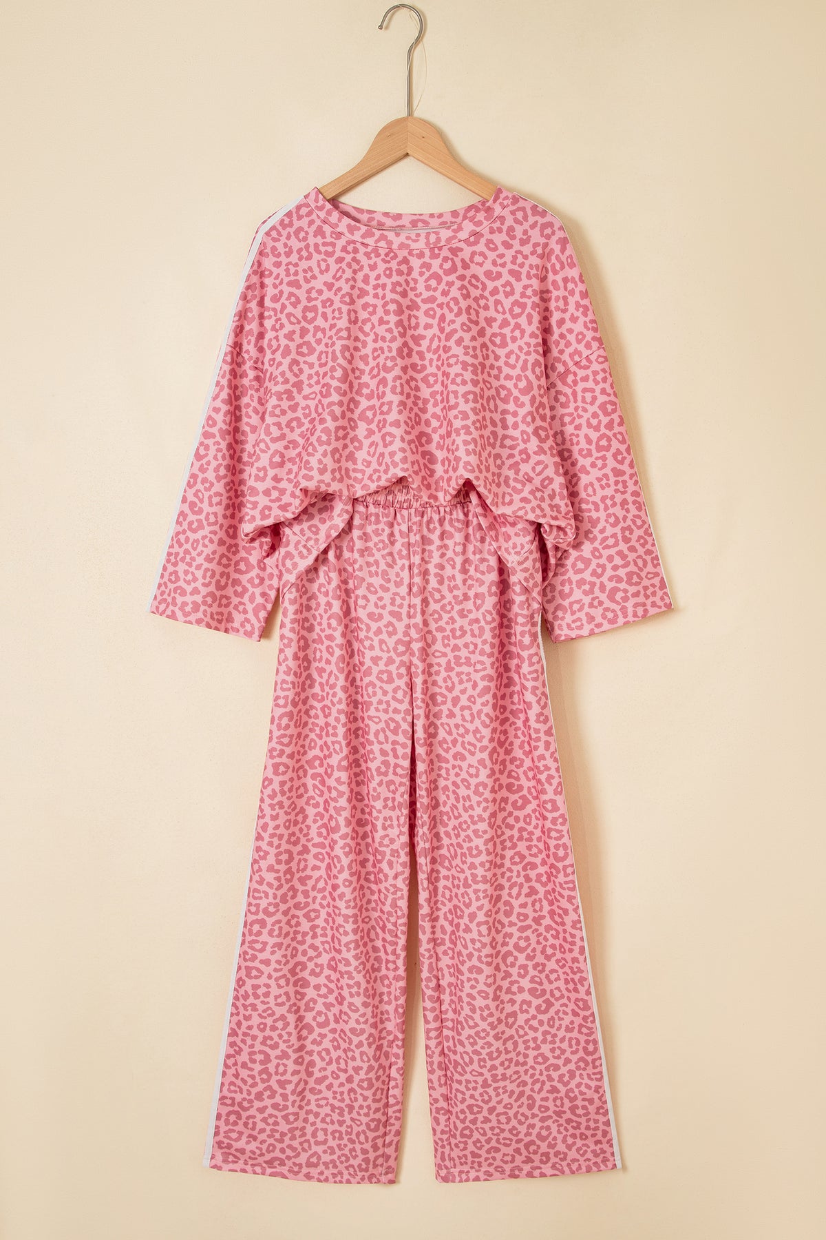 Pink Leopard Print Varsity Striped Detail 3/4 Sleeve Top Shift Pant Set-Two Piece Sets/Pant Sets-[Adult]-[Female]-2022 Online Blue Zone Planet