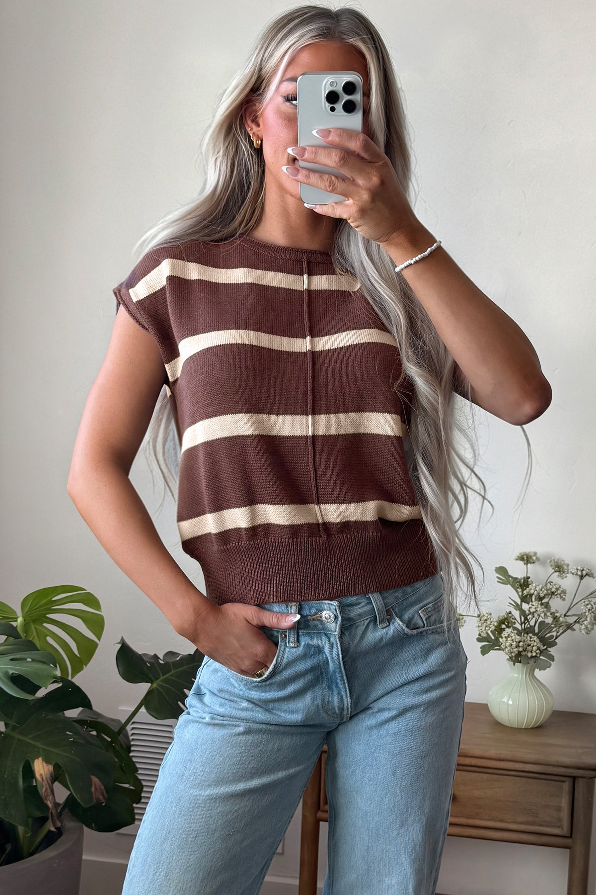Brown Stripe Knit Western Short Sleeve Sweater-Sweaters & Cardigans/Short Sleeve Sweaters-[Adult]-[Female]-2022 Online Blue Zone Planet