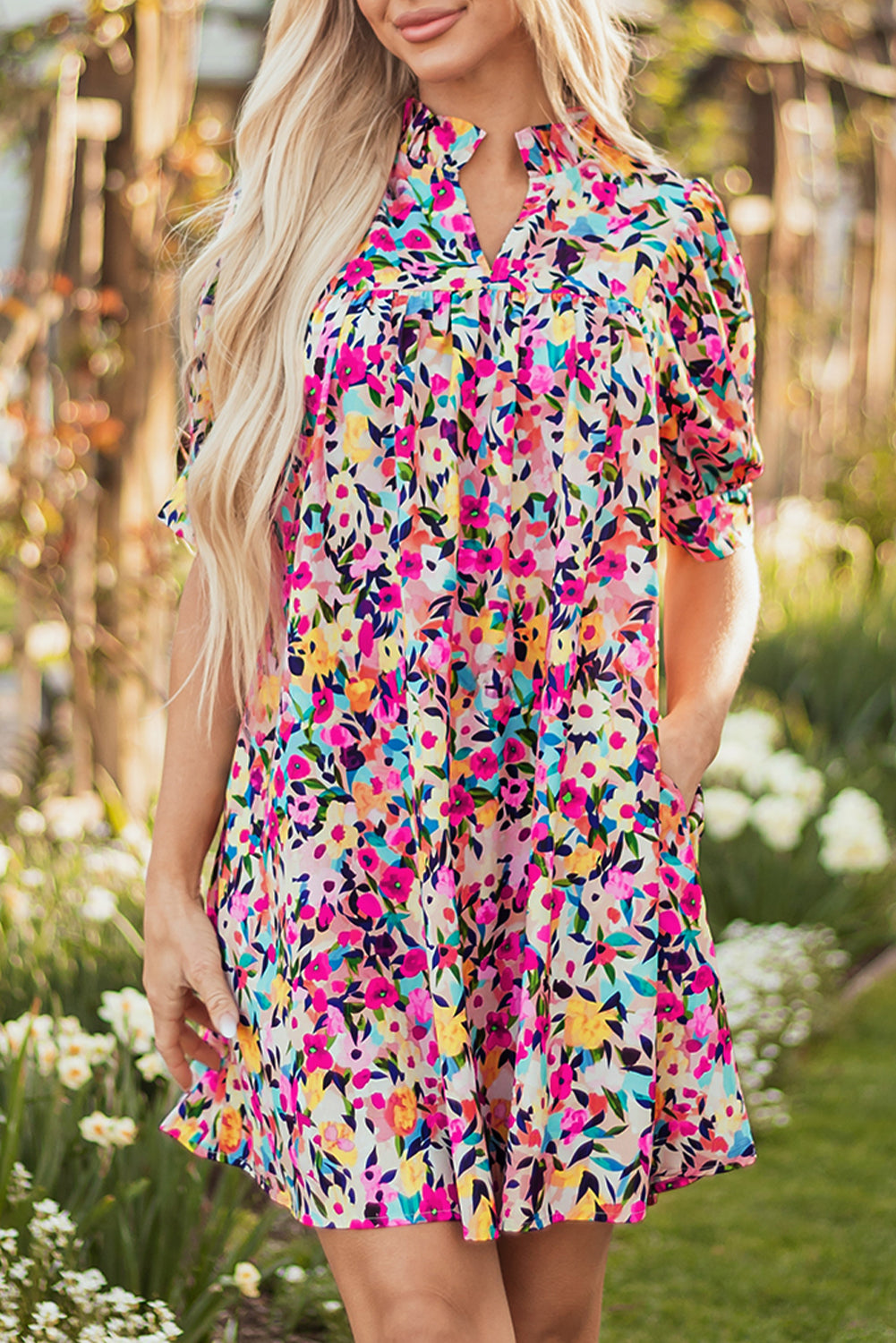 Pink Floral Puff Short Sleeve V Neck Mini Dress-TOPS / DRESSES-[Adult]-[Female]-2022 Online Blue Zone Planet