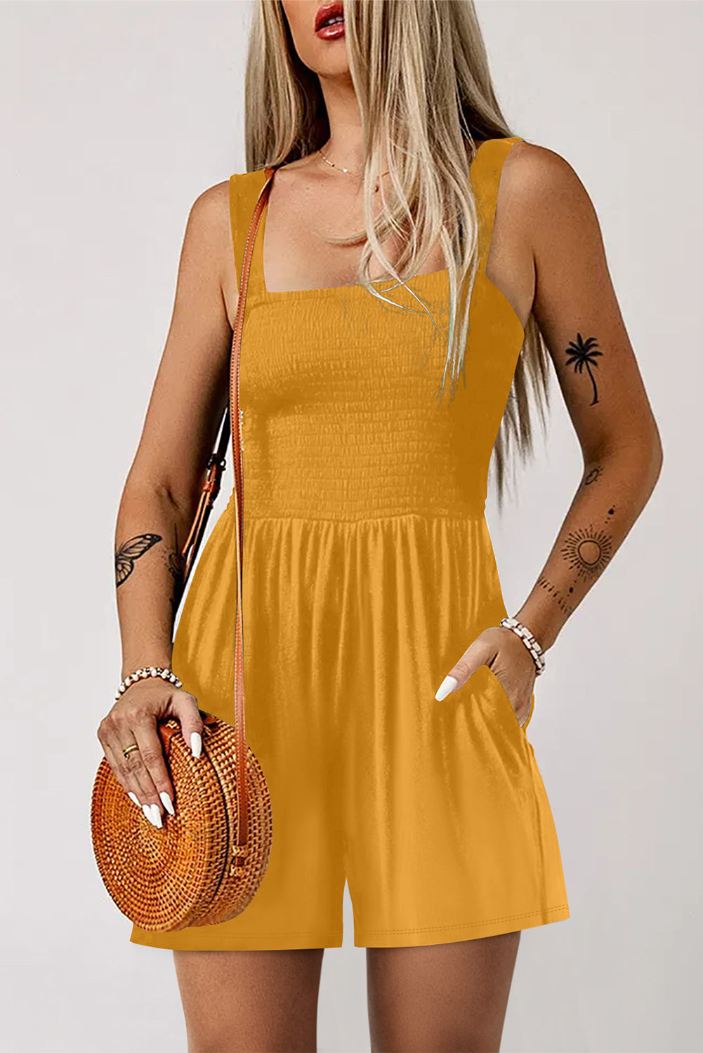 Ginger Casual Pocketed Smocked Sleeveless Romper-Bottoms/Jumpsuits & Rompers-[Adult]-[Female]-2022 Online Blue Zone Planet