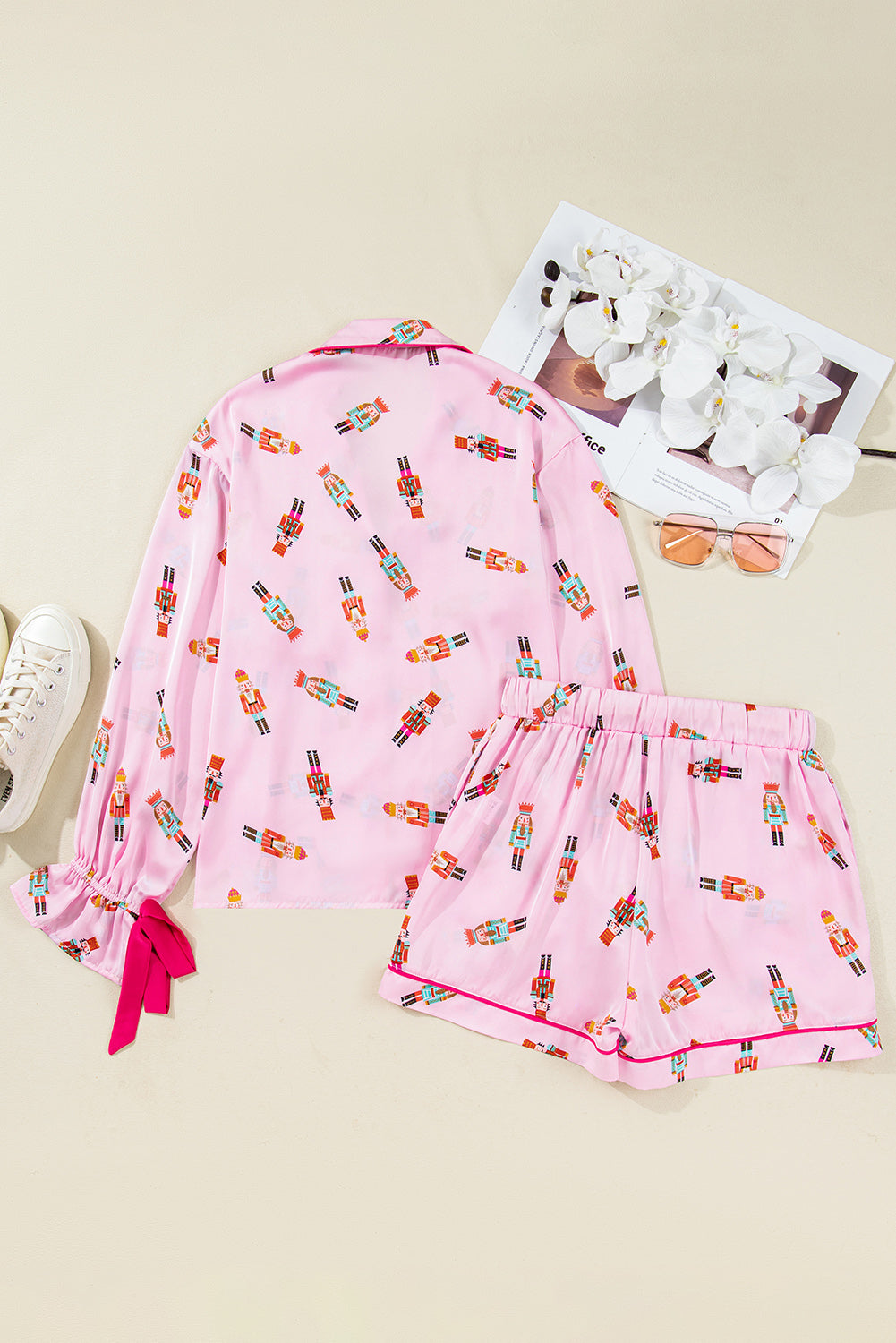 Pink Nutcracker Print Contrast Trim Tied up Bow Silky 2pcs Pajama Set-Loungewear & Sleepwear/Sleepwear-[Adult]-[Female]-2022 Online Blue Zone Planet