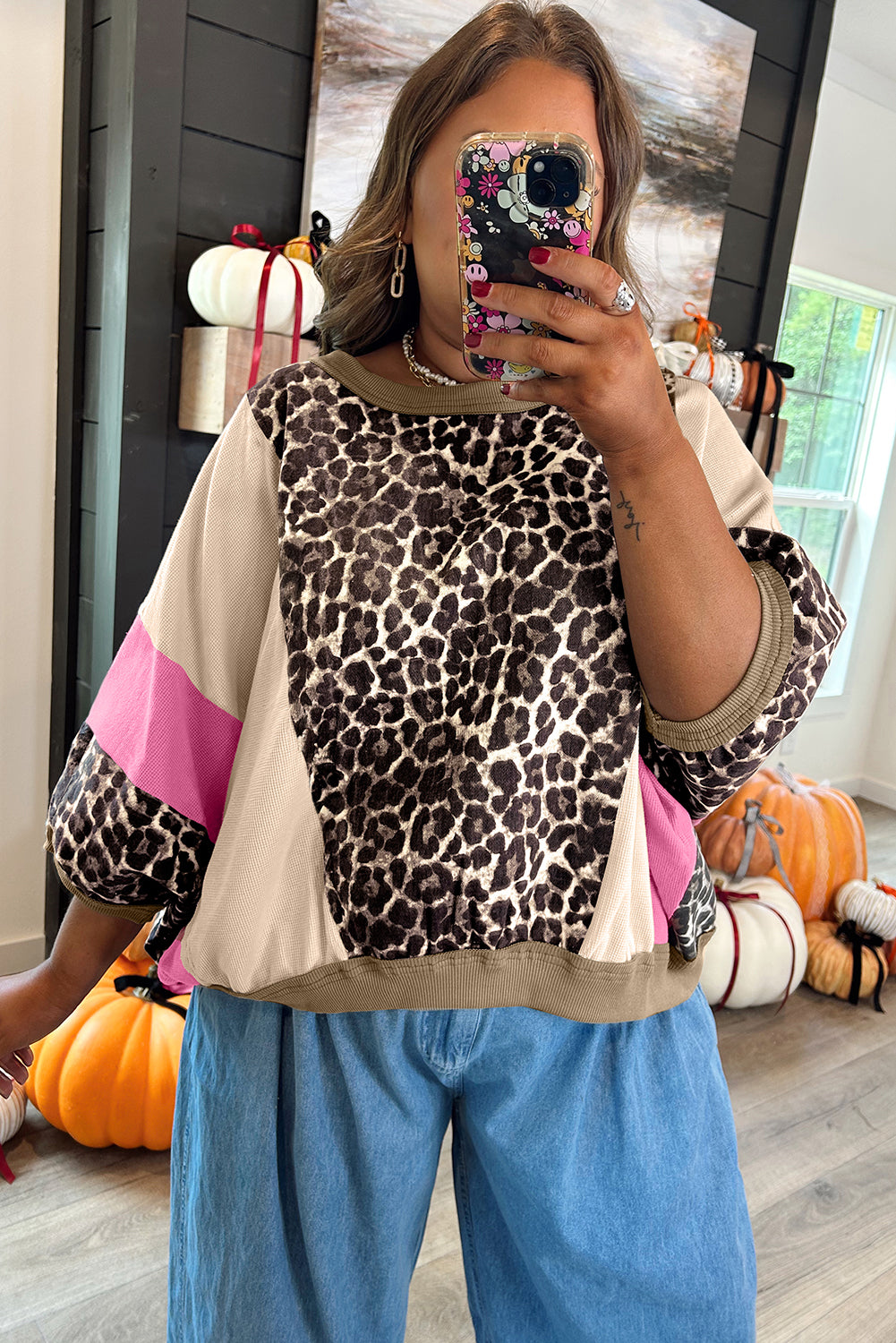 Brown Leopard Print Color Block Patchwork 3/4 Sleeve Loose Top-Tops/Long Sleeve Tops-[Adult]-[Female]-2022 Online Blue Zone Planet