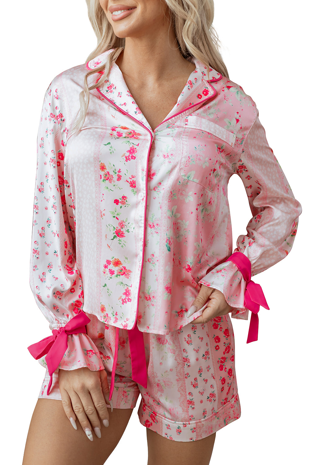Pink Mixed Floral Print Contrast Piping Trim Satin Tie 2pcs Pajama Set-Loungewear & Sleepwear/Sleepwear-[Adult]-[Female]-2022 Online Blue Zone Planet