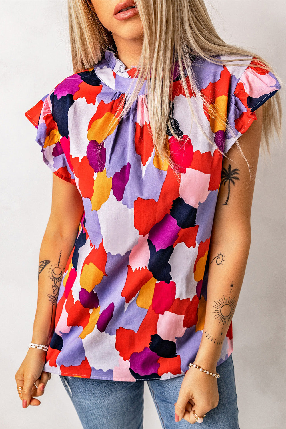 Red Ruffle Cap Sleeve Frill Mock Neck Printed Top-Tops/Tops & Tees-[Adult]-[Female]-2022 Online Blue Zone Planet