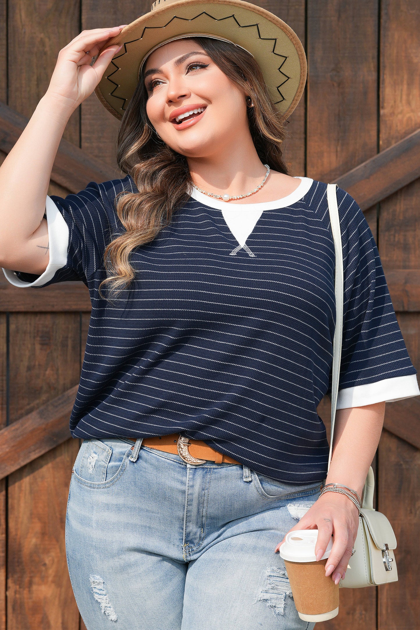 Blue Stripe Contrast Trim Plus Size Ribbed T Shirt-Plus Size/Plus Size Tops/Plus Size Tops & Tees-[Adult]-[Female]-2022 Online Blue Zone Planet