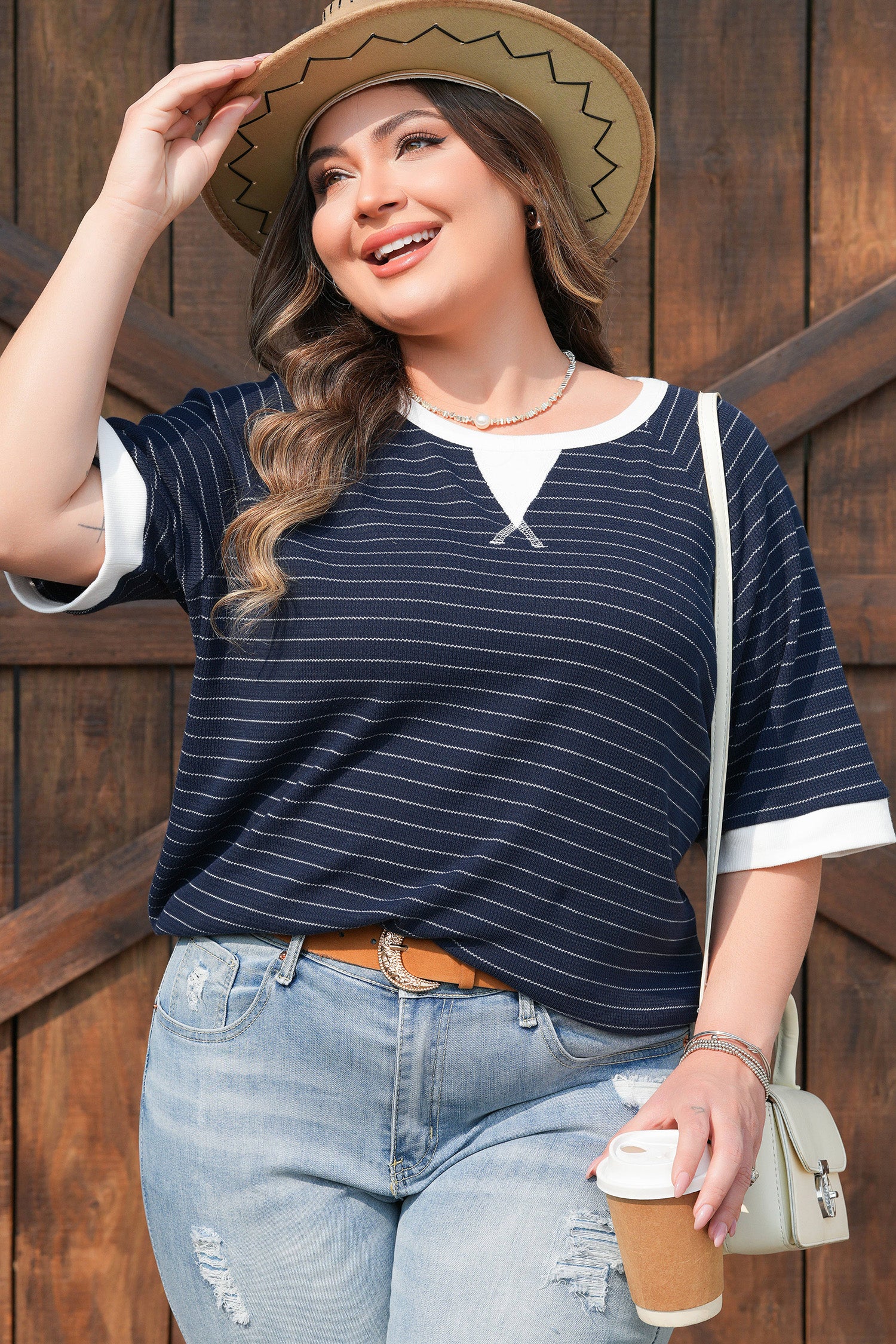 Blue Stripe Contrast Trim Plus Size Ribbed T Shirt-Plus Size/Plus Size Tops/Plus Size Tops & Tees-[Adult]-[Female]-2022 Online Blue Zone Planet
