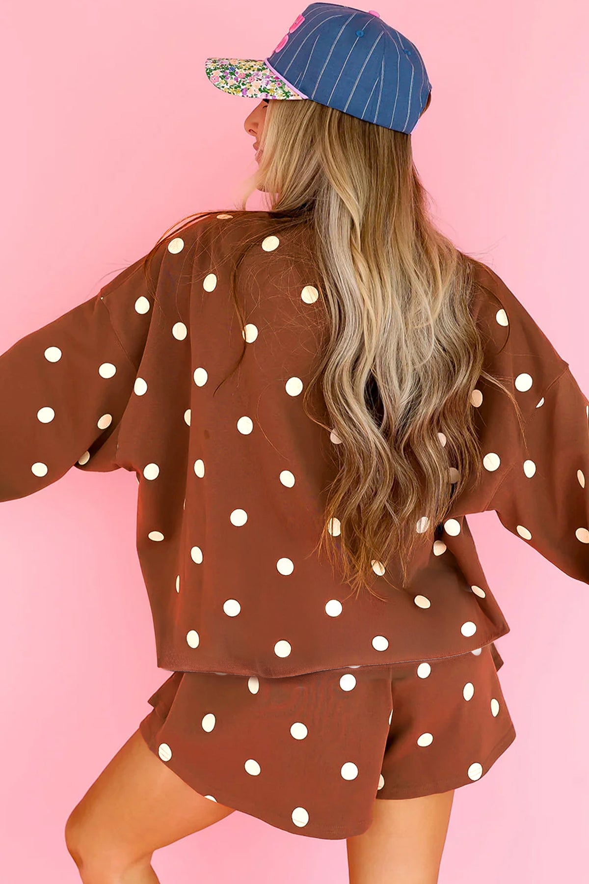 Brown Polka Dot Raw Hem Relaxed Pullover Loose Skort Two Piece Set-Two Piece Sets/Short Sets-[Adult]-[Female]-2022 Online Blue Zone Planet