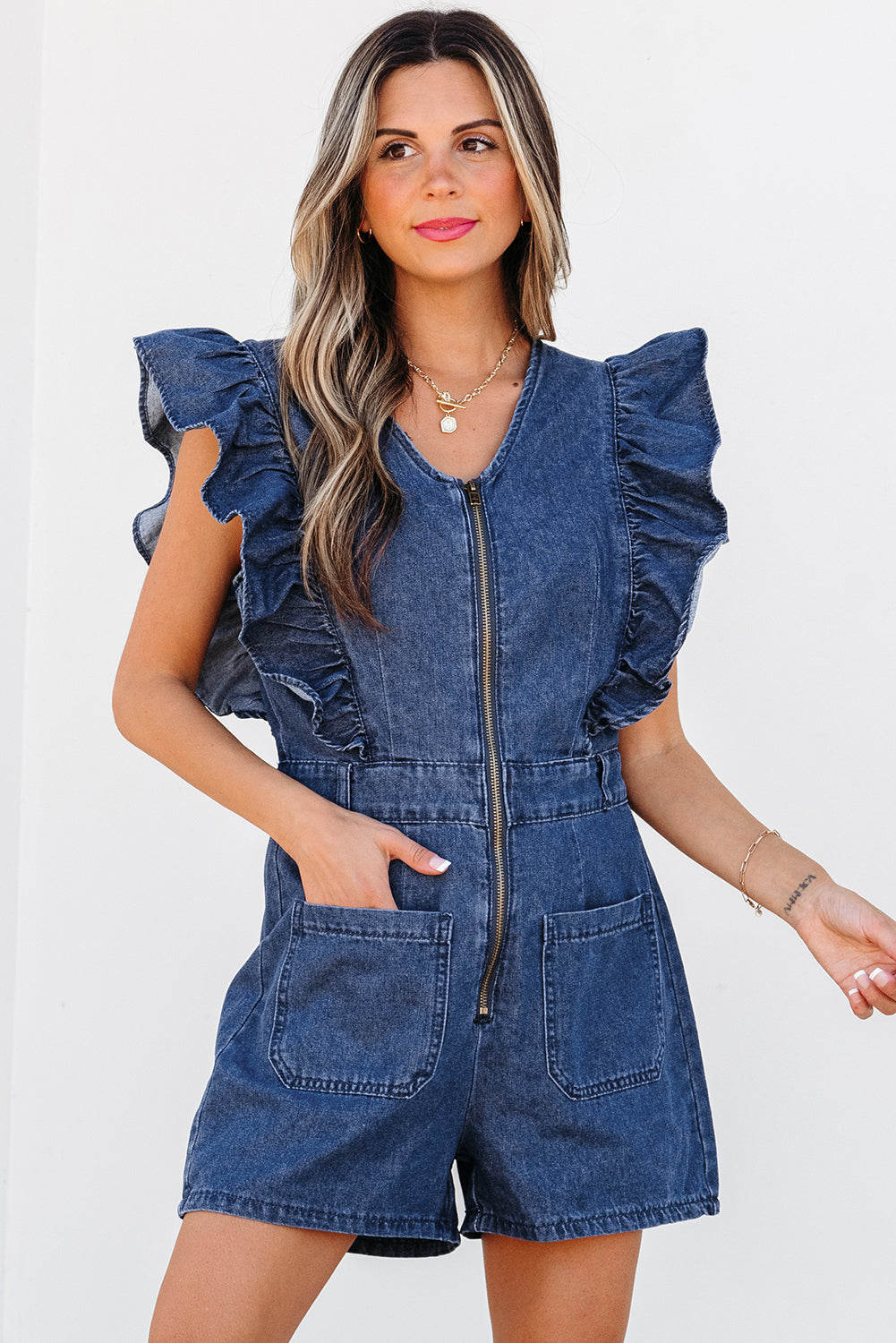 Blue Zone Planet | Sail Blue Denim Ruffled Zipped Front Belted Romper-Bottoms/Jumpsuits & Rompers-[Adult]-[Female]-2022 Online Blue Zone Planet