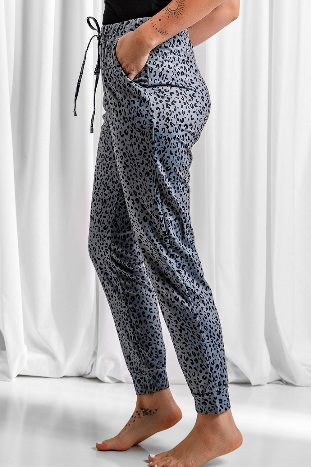 Gray Leopard Elastic Waist Casual Joggers-Bottoms/Pants & Culotte-[Adult]-[Female]-2022 Online Blue Zone Planet