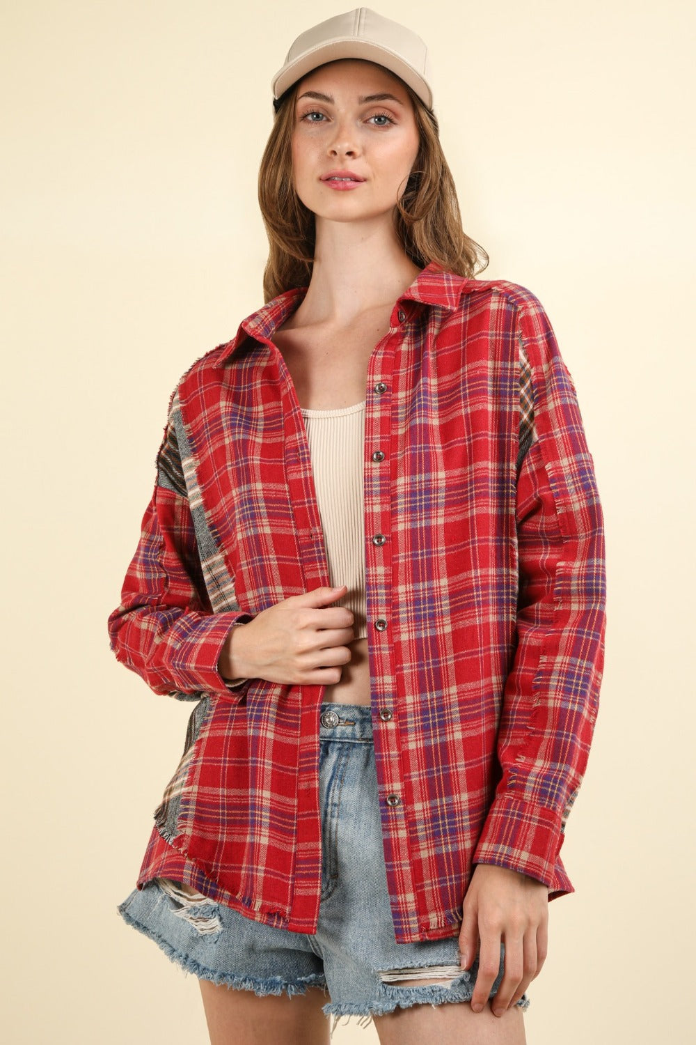 VERY J Contrast Plaid Raw Detail Shirt-TOPS / DRESSES-[Adult]-[Female]-Red-S-2022 Online Blue Zone Planet