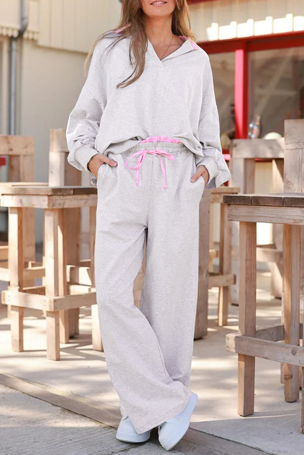 Light Grey 2pcs Contrasted Trim Frilled Collar Drop Shoulder Pullover Drawstring Pant Set-Two Piece Sets/Pant Sets-[Adult]-[Female]-Light Grey-S-2022 Online Blue Zone Planet