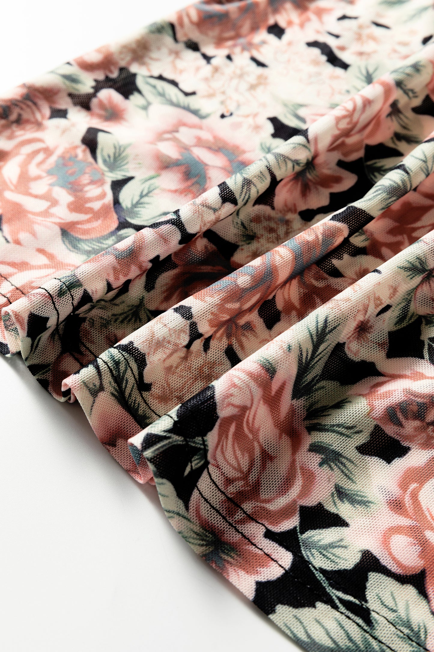 White Retro Floral Print Mock Neck Mesh Long Sleeve Top-Tops/Long Sleeve Tops-[Adult]-[Female]-2022 Online Blue Zone Planet