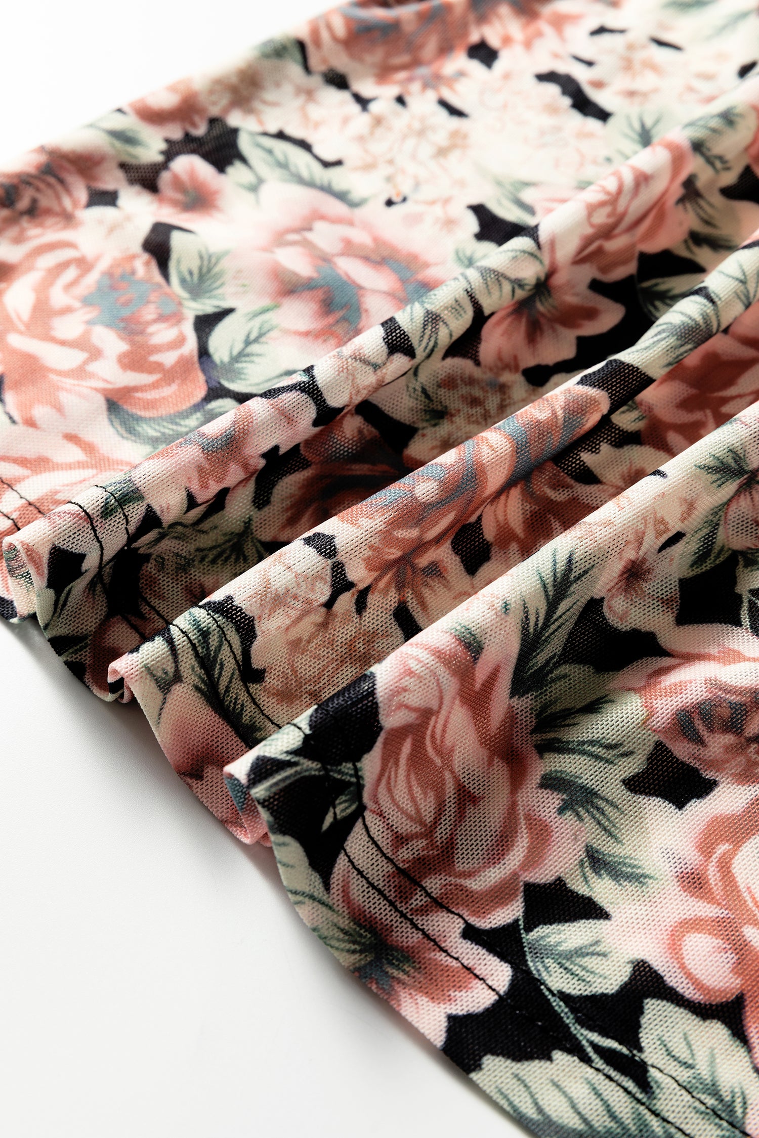 White Retro Floral Print Mock Neck Mesh Long Sleeve Top-Tops/Long Sleeve Tops-[Adult]-[Female]-2022 Online Blue Zone Planet