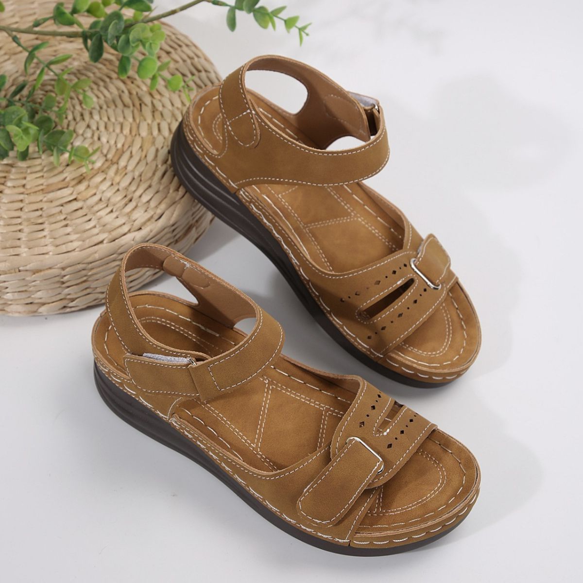 PU Leather Wedge Buckle Sandals-SHOES-[Adult]-[Female]-Brown-36(US5)-2022 Online Blue Zone Planet