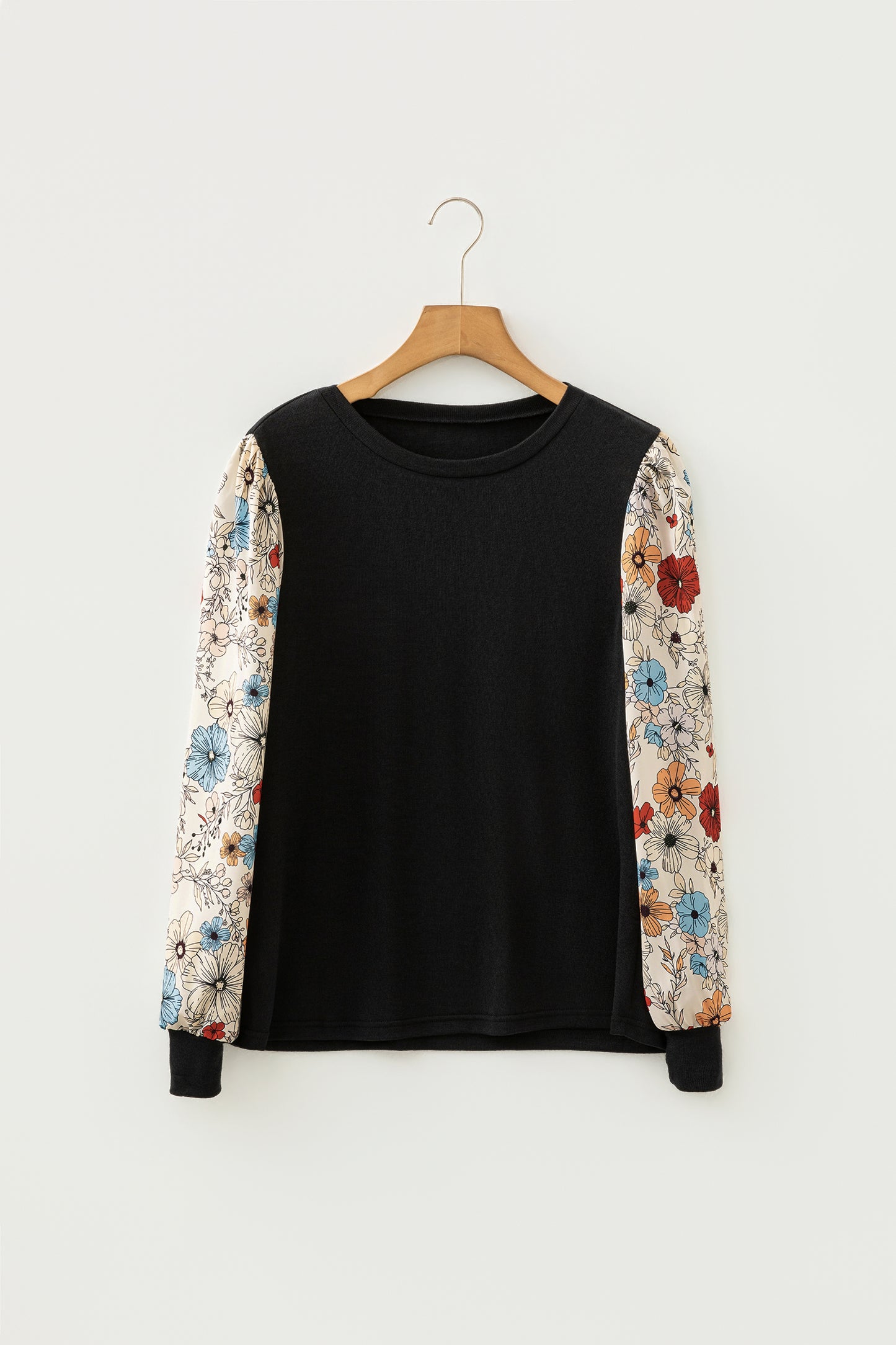 Apricot Flower Puff Sleeve Patchwork Top-Tops/Long Sleeve Tops-[Adult]-[Female]-2022 Online Blue Zone Planet