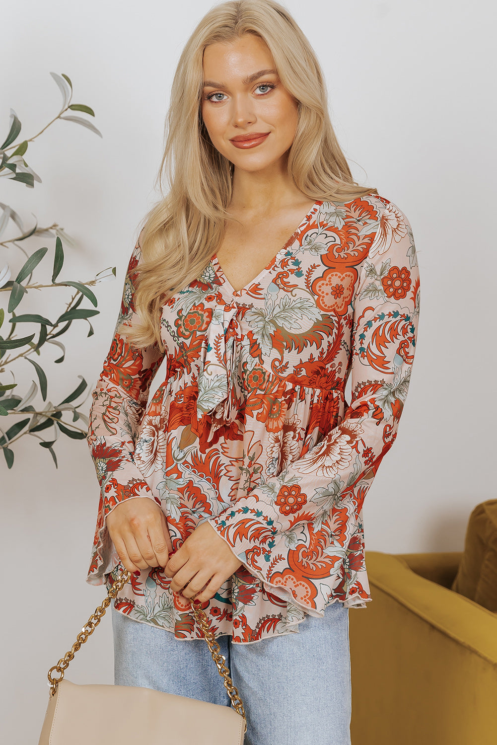 Blue Zone Planet | Orange Floral Print Deep V Neck Knot Bell Sleeve Blouse-Tops/Blouses & Shirts-[Adult]-[Female]-2022 Online Blue Zone Planet