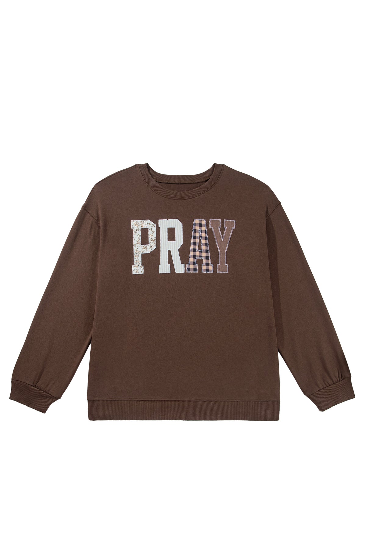 Coffee PRAY Letter Patchwork Round Neck Long Sleeve Plus Size Sweatshirt-Plus Size/Plus Size Sweatshirts & Hoodies-[Adult]-[Female]-2022 Online Blue Zone Planet
