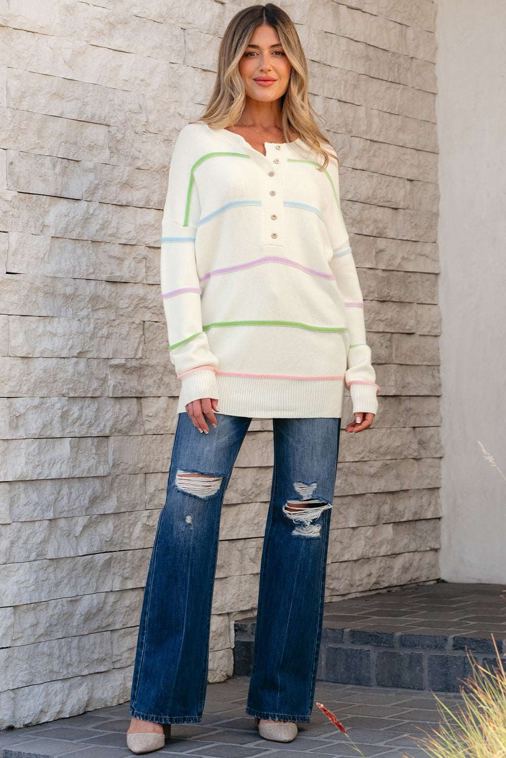 Blue Zone Planet | White Rainbow Stripes Drop Shoulder Baggy Henley Sweater-Sweaters & Cardigans/Sweaters-[Adult]-[Female]-2022 Online Blue Zone Planet