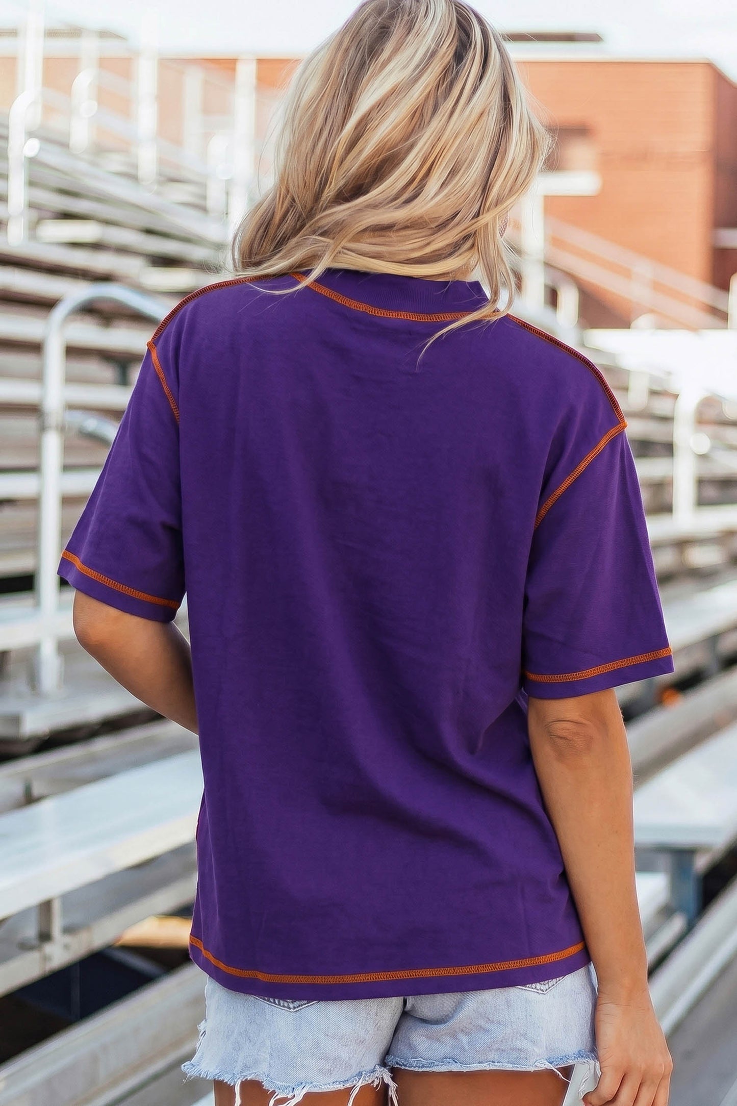 Tillandsia Purple Contrast Seam Detail Checkered Game Day Chenille Graphic Tee