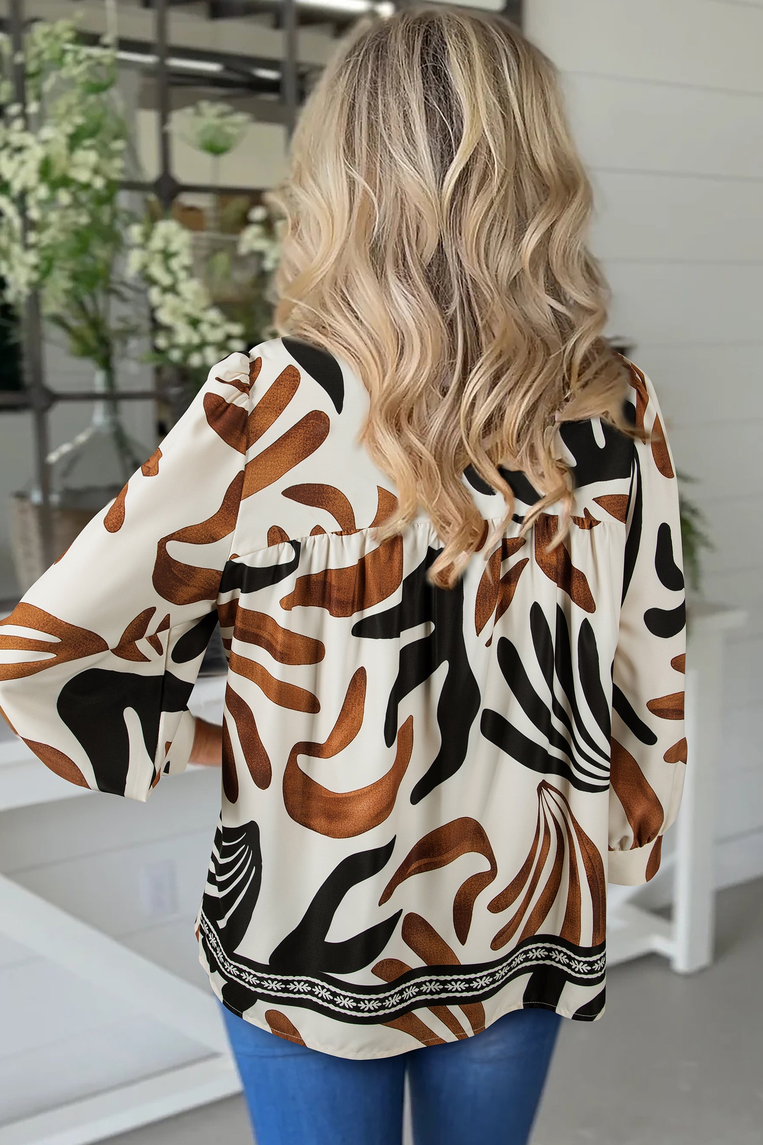 Brown Abstract Print Puff Sleeve Loose Blouse-Tops/Blouses & Shirts-[Adult]-[Female]-2022 Online Blue Zone Planet