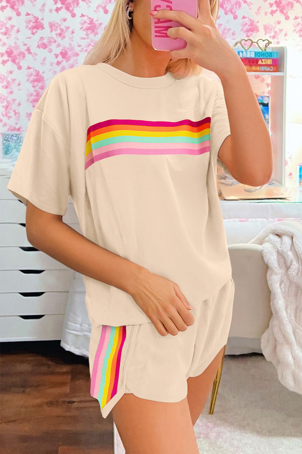 Beige Vibrant Striped Detail Athleisure 2pcs Short Set-Two Piece Sets/Short Sets-[Adult]-[Female]-Beige-S-2022 Online Blue Zone Planet