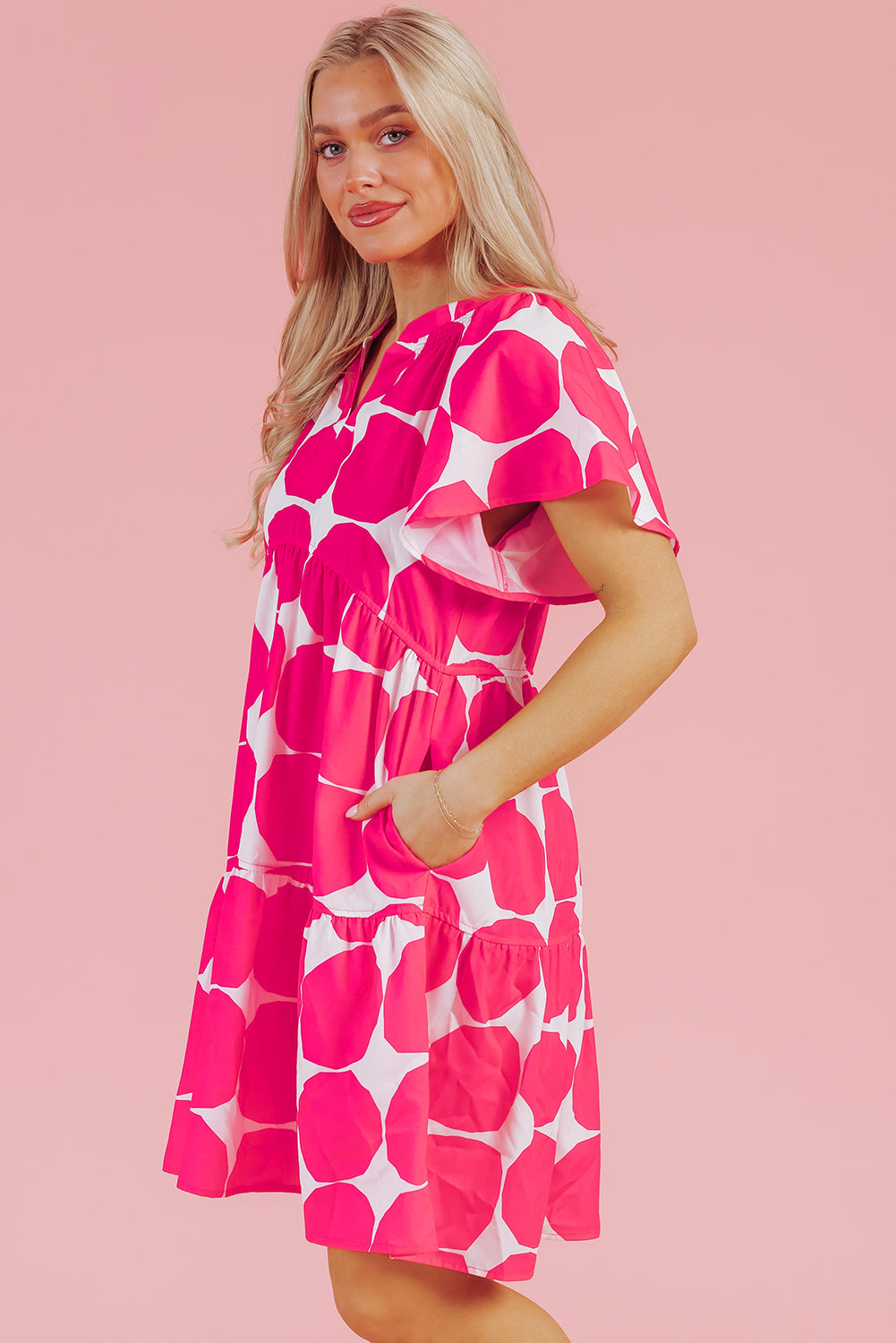 Rose Polka Dot Flutter Sleeve Notched Neck Tiered Flowy Dress-TOPS / DRESSES-[Adult]-[Female]-2022 Online Blue Zone Planet