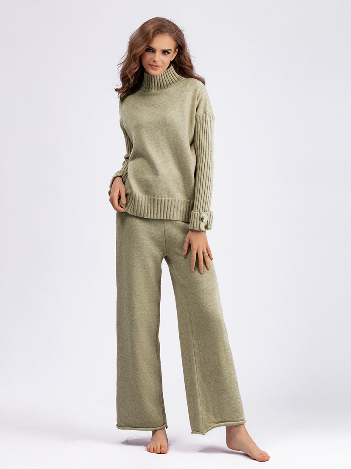 Blue Zone Planet | Basic Bae High- Low Turtleneck Long Sleeve Top and Pants Sweater Set-TOPS / DRESSES-[Adult]-[Female]-Khaki-One Size-2022 Online Blue Zone Planet