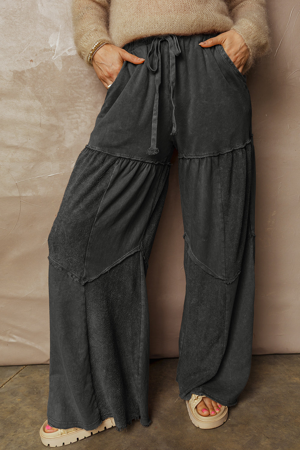 Black Mineral Wash Tiered Wide Leg Patchwork Drawstring Pants-Bottoms/Pants & Culotte-[Adult]-[Female]-2022 Online Blue Zone Planet