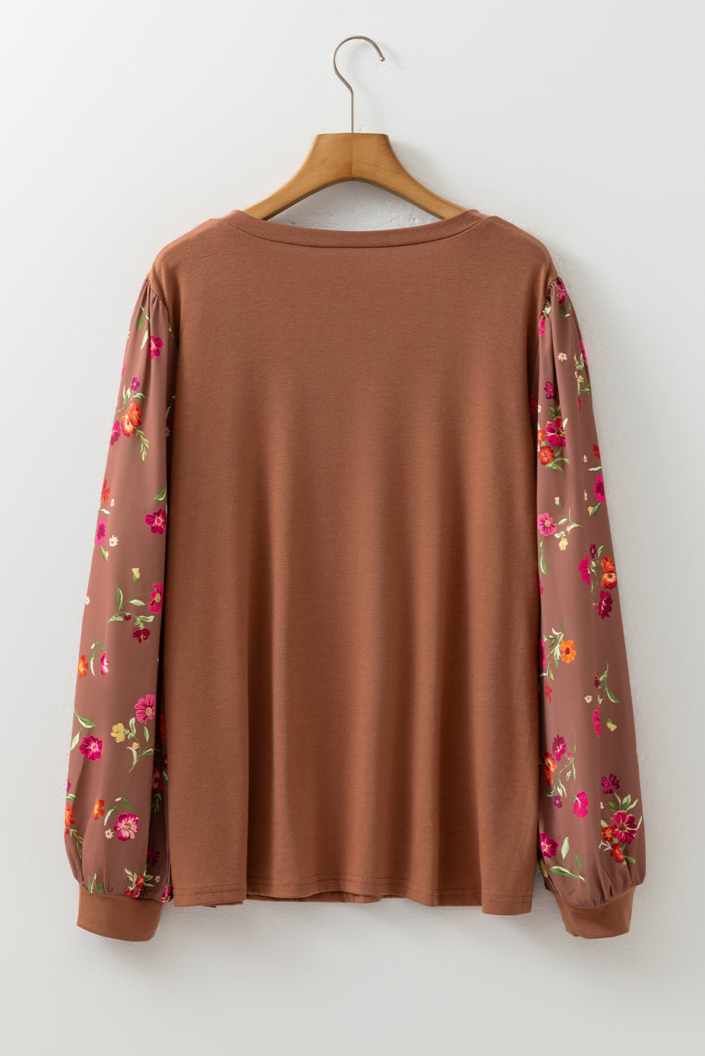 Brown Floral Sleeve Patchwork Round Neck Plus Blouse-Plus Size/Plus Size Tops/Plus Size Blouses & Shirts-[Adult]-[Female]-2022 Online Blue Zone Planet