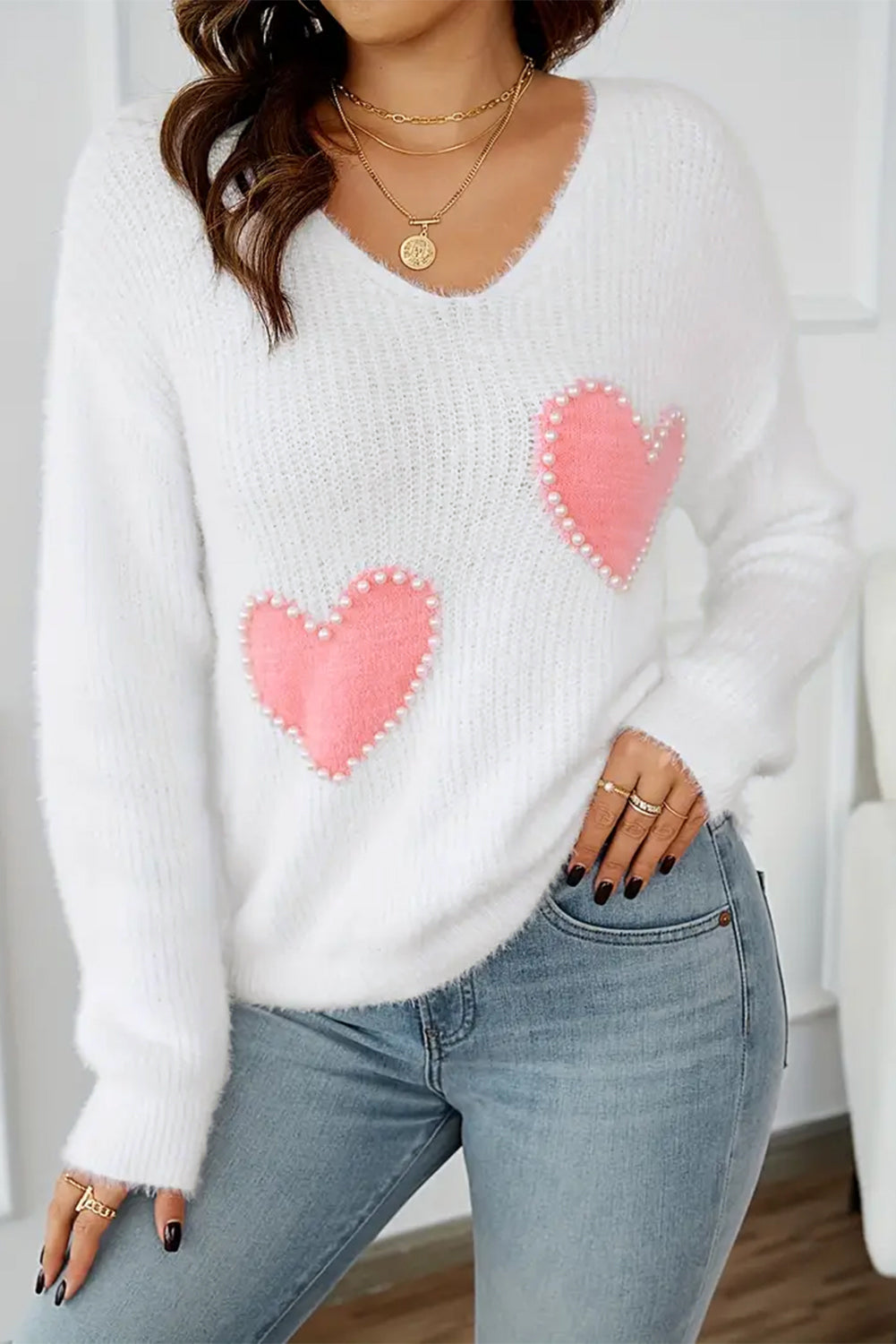 White Pearl Beaded Heart Pattern Fuzzy V Neck Sweater-Sweaters & Cardigans/Sweaters-[Adult]-[Female]-2022 Online Blue Zone Planet