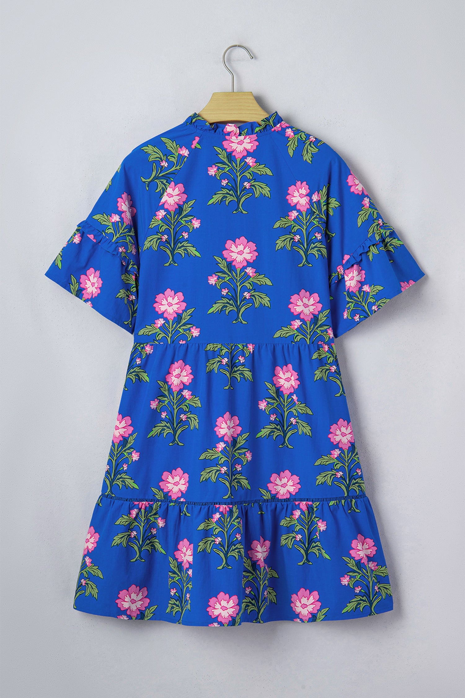 Blue V Neck Short Sleeve Loose Flower Dress-Dresses/Floral Dresses-[Adult]-[Female]-2022 Online Blue Zone Planet