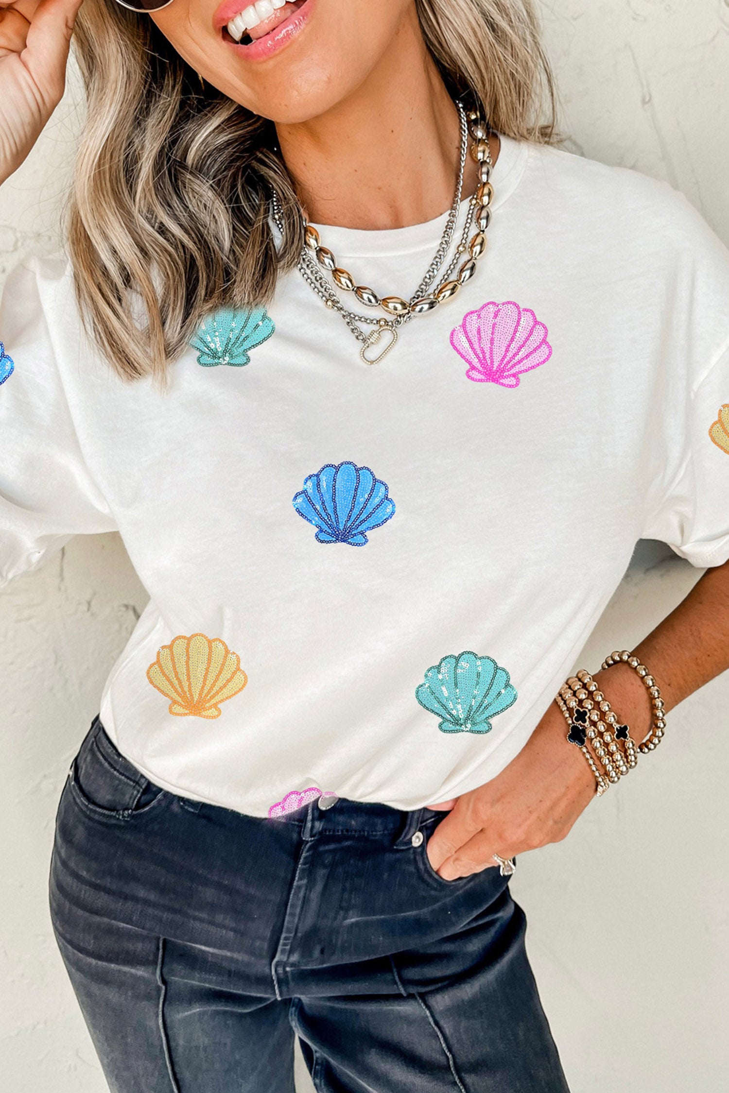 White Sequin Shell Graphic Summer Loose T Shirt-Graphic/Graphic Tees-[Adult]-[Female]-2022 Online Blue Zone Planet