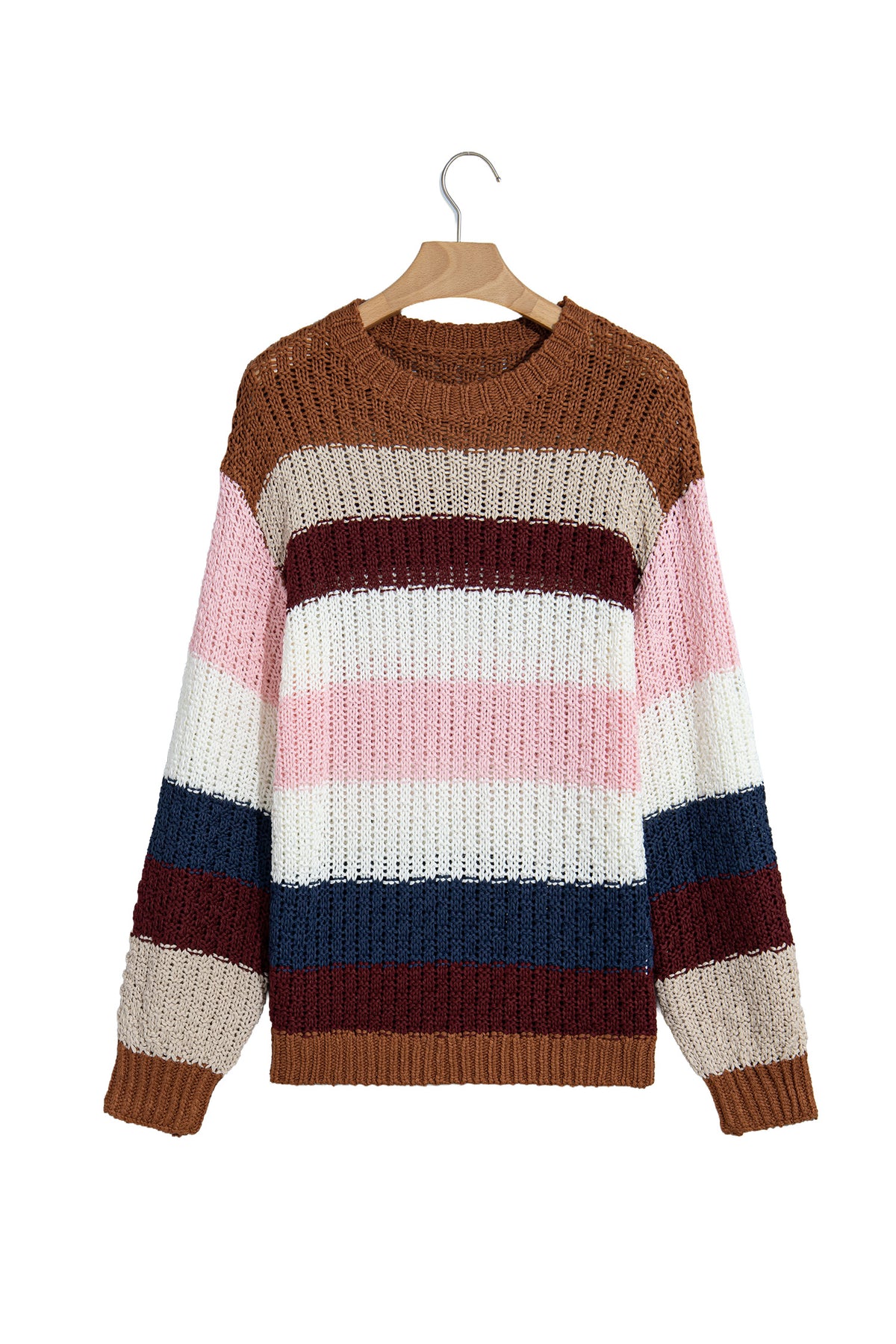 Multicolour Striped Knit Dropped Shoulder Round Neck Pullover Sweater-Sweaters & Cardigans/Sweaters-[Adult]-[Female]-2022 Online Blue Zone Planet