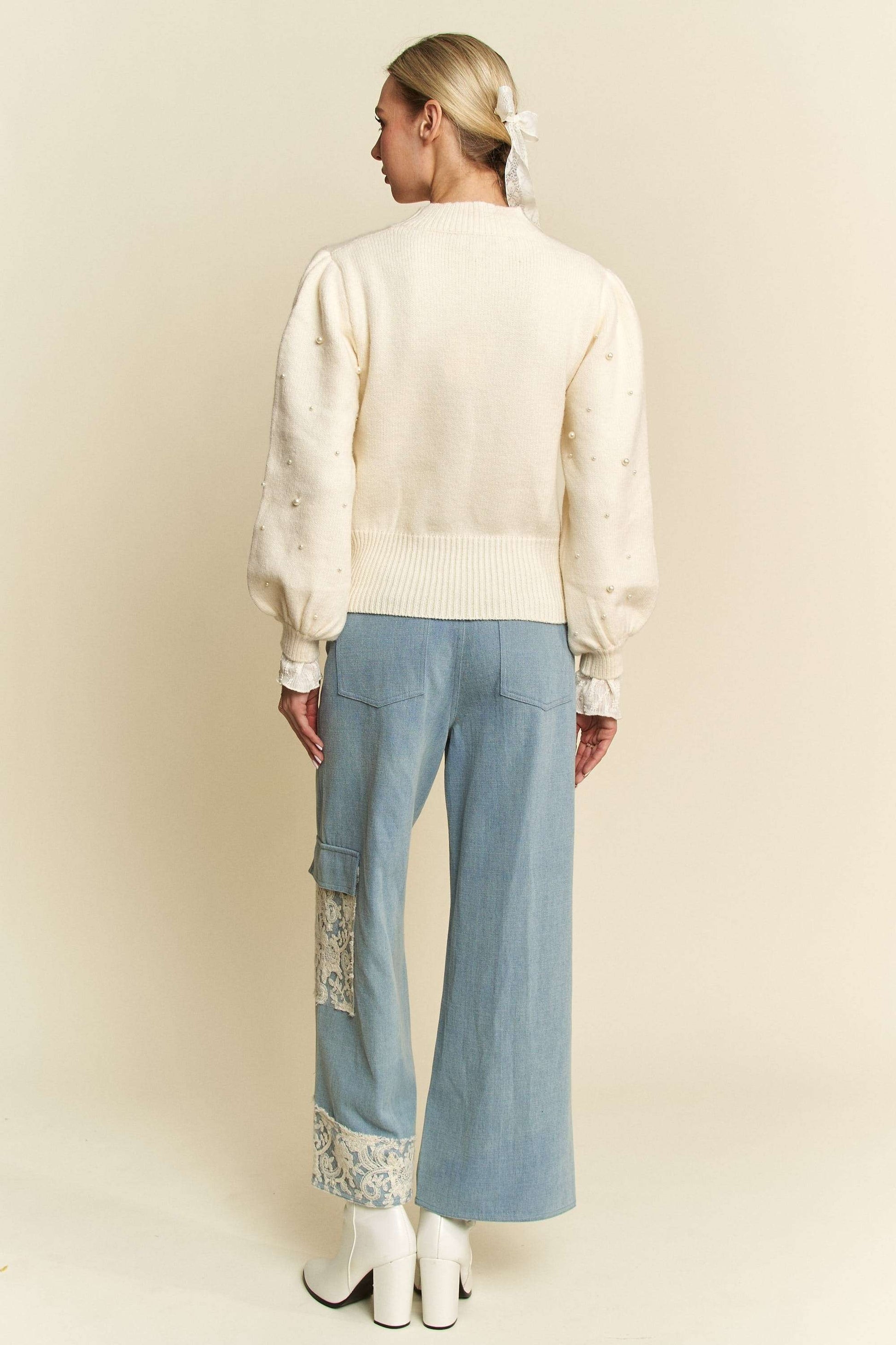 Davi & Dani Lace Applique Wide Leg Jeans-BOTTOMS-[Adult]-[Female]-2022 Online Blue Zone Planet