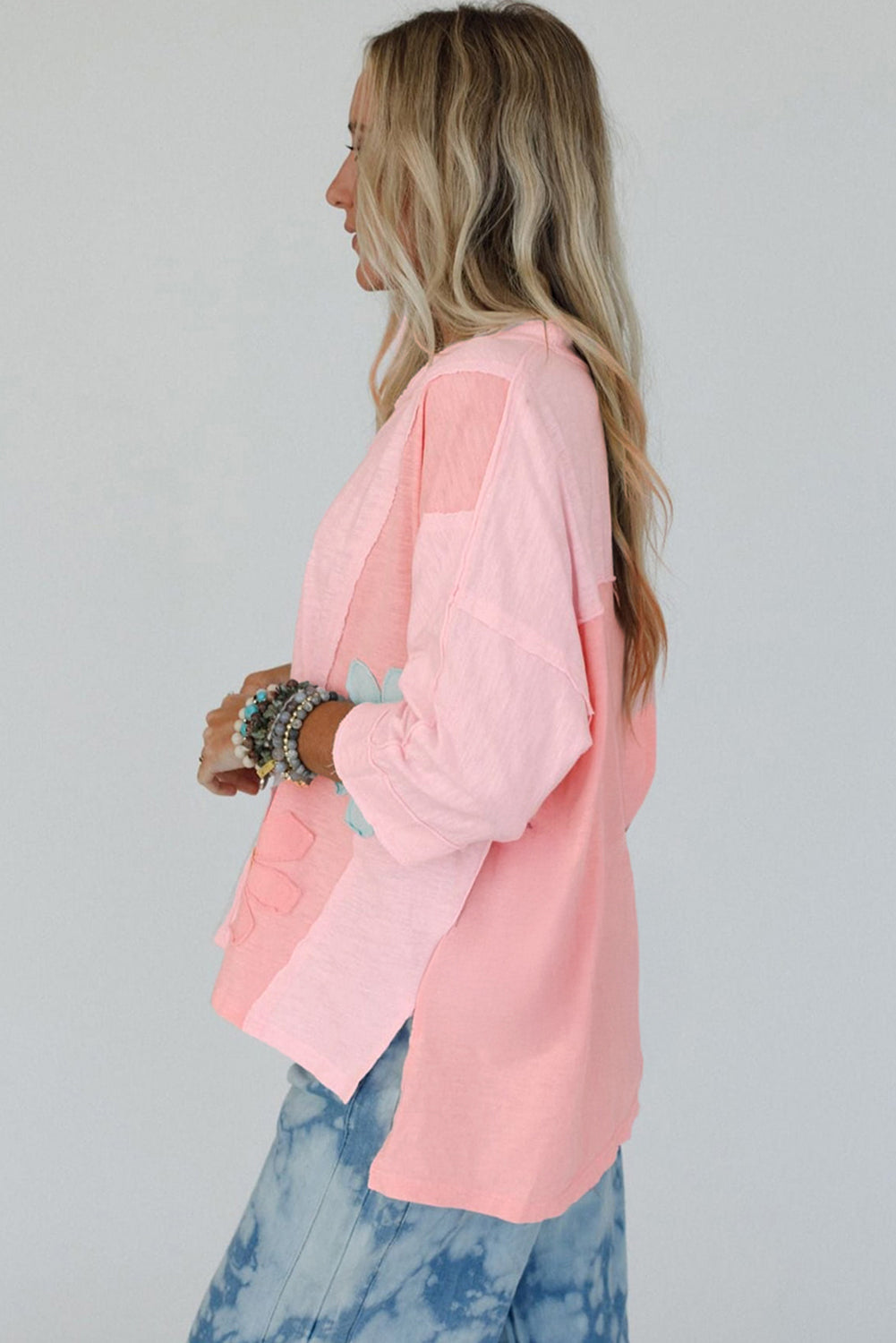 Pink Flower Patched Exposed Seam Bracelet Sleeve Oversized T Shirt-Bracelet-[Adult]-[Female]-2022 Online Blue Zone Planet