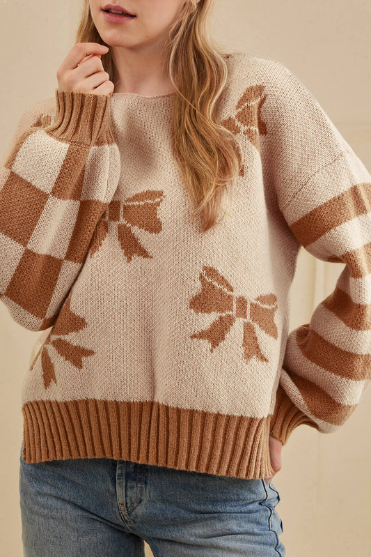 Straw Yellow Ribbon Bow Print Checkered Striped Sleeve Drop Shoulder Sweater-Sweaters & Cardigans/Sweaters-[Adult]-[Female]-Straw Yellow-S-2022 Online Blue Zone Planet