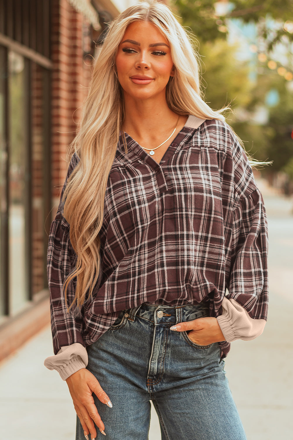Brown Plaid Patchwork Long Sleeve Button Hooded Blouse-Tops / Dresses-[Adult]-[Female]-2022 Online Blue Zone Planet