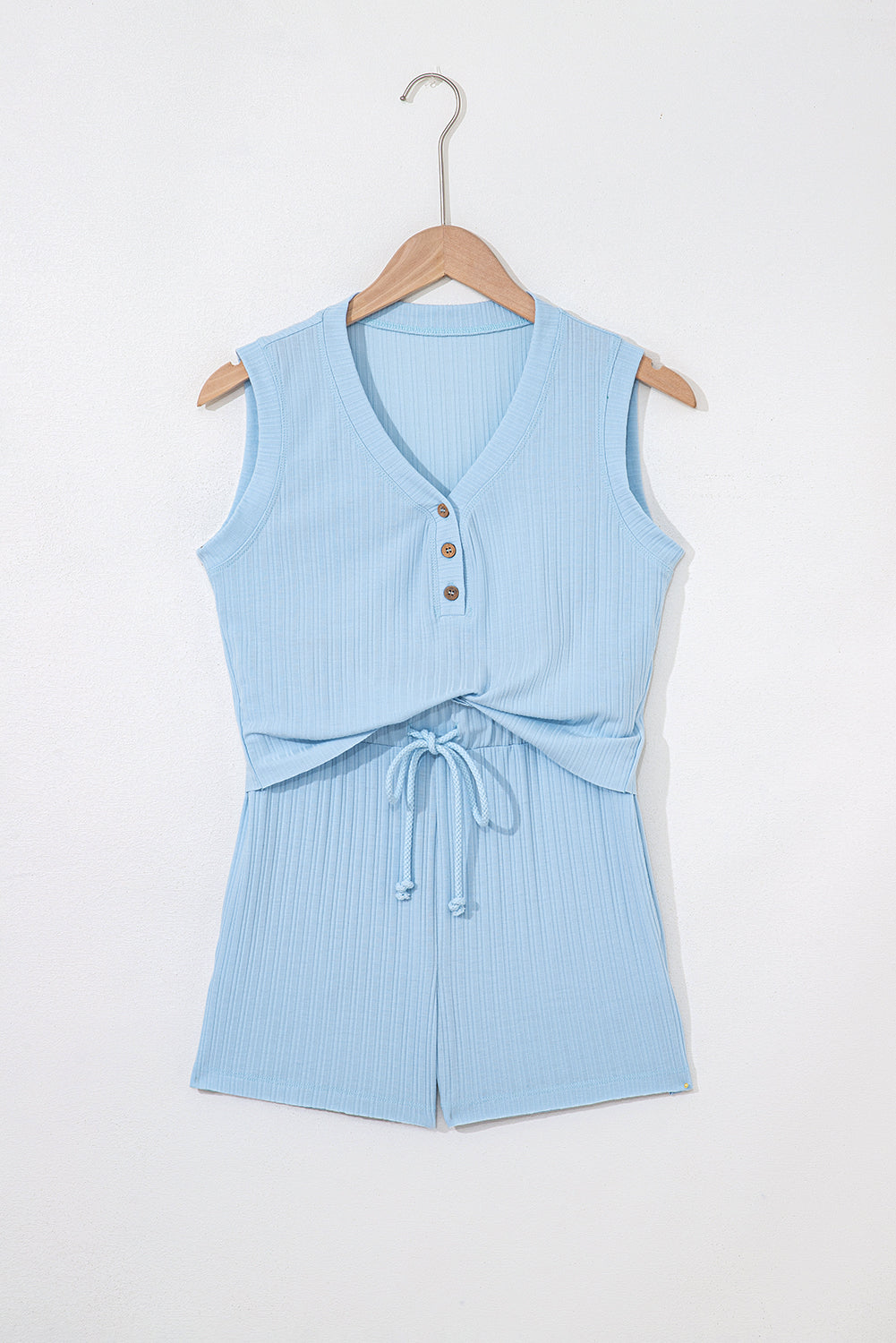 Beau Blue Ribbed Button V Neck Tank Top and Shorts Set-Two Piece Sets/Short Sets-[Adult]-[Female]-2022 Online Blue Zone Planet