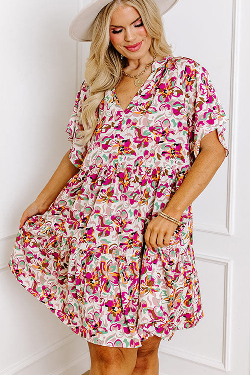 White Abstract Print V Neck Short Sleeve Ruffled Plus Size Mini Dress-TOPS / DRESSES-[Adult]-[Female]-2022 Online Blue Zone Planet