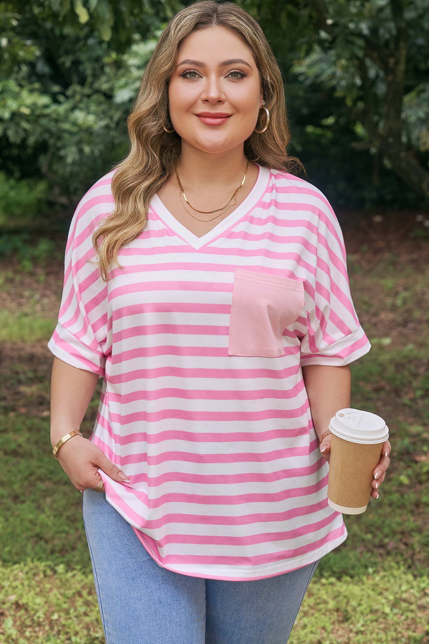 Pink Stripe Colorblock Patched Pocket V Neck Plus Size Tee-Plus Size/Plus Size Tops/Plus Size Tops & Tees-[Adult]-[Female]-2022 Online Blue Zone Planet