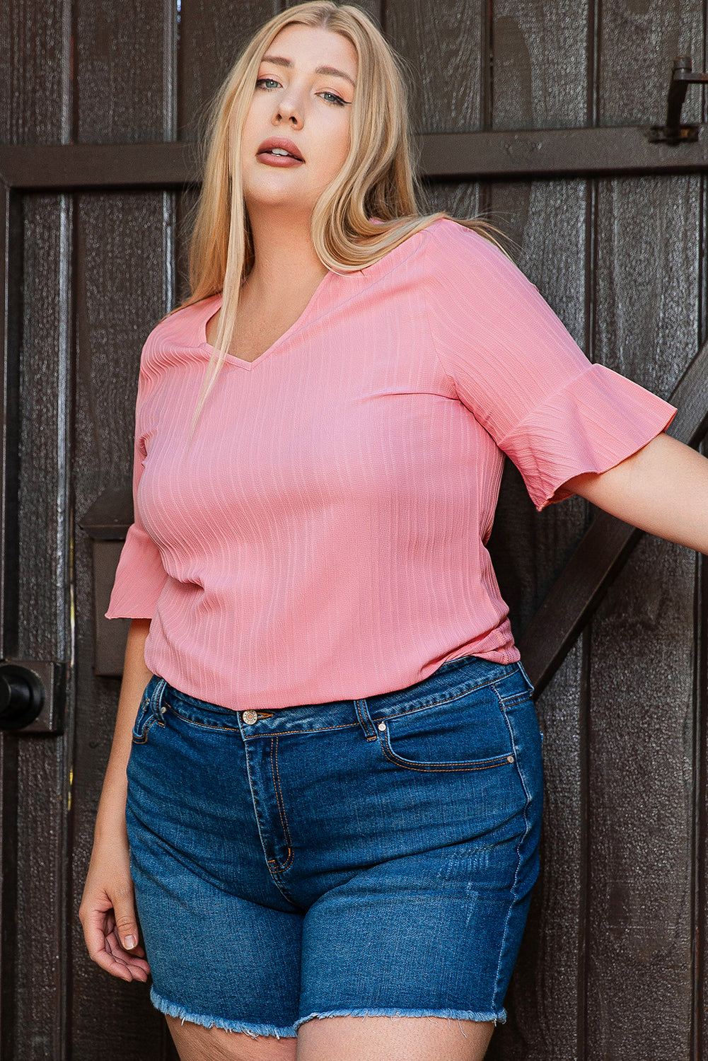 Peach Blossom Ruffled Half Sleeve V Neck Textured Plus Top-Plus Size/Plus Size Tops/Plus Size Blouses & Shirts-[Adult]-[Female]-2022 Online Blue Zone Planet