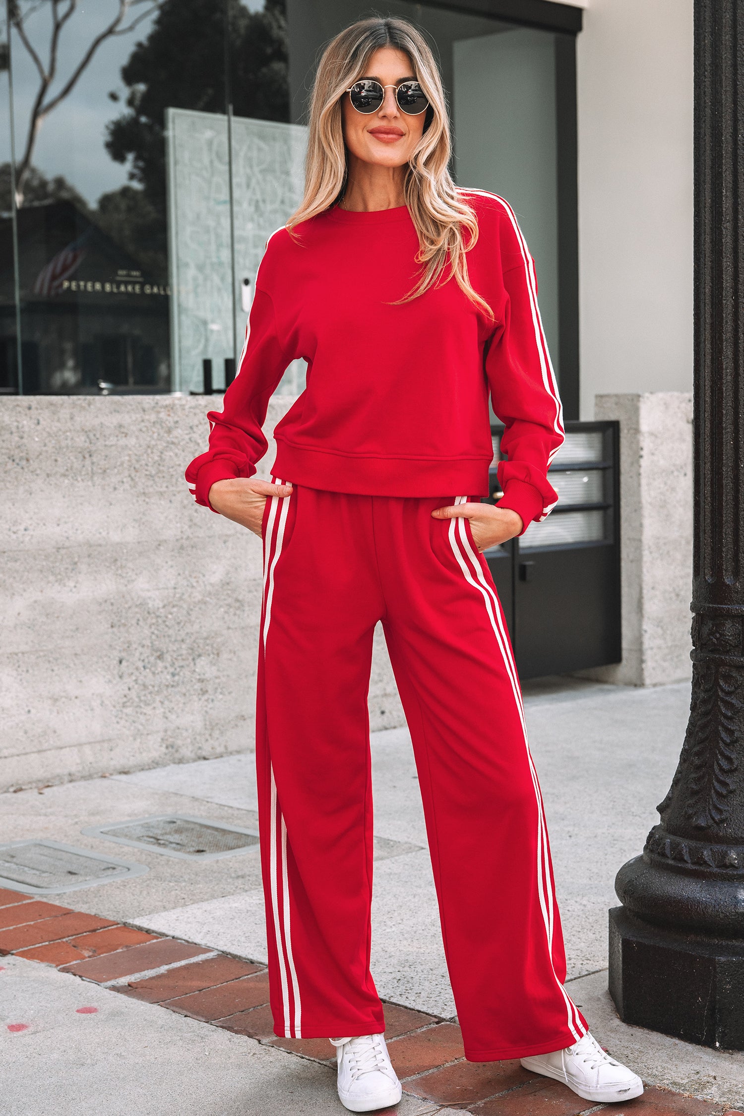 Fiery Red Varsity Striped Detail Crewneck Pullover Elastic Sweatpants 2pcs Outfit-Two Piece Sets/Pant Sets-[Adult]-[Female]-2022 Online Blue Zone Planet